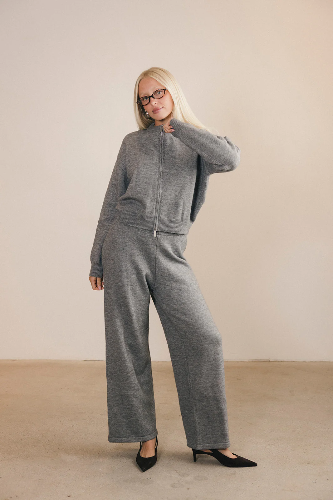 Ashlyn Knit Zip Up Long Sleeve Cardigan And Pants Set - Grey - Image 3