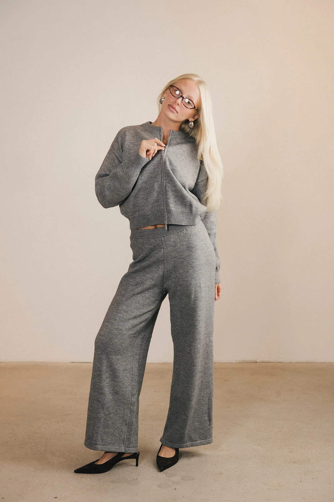 Ashlyn Knit Zip Up Long Sleeve Cardigan And Pants Set - Grey - Image 5