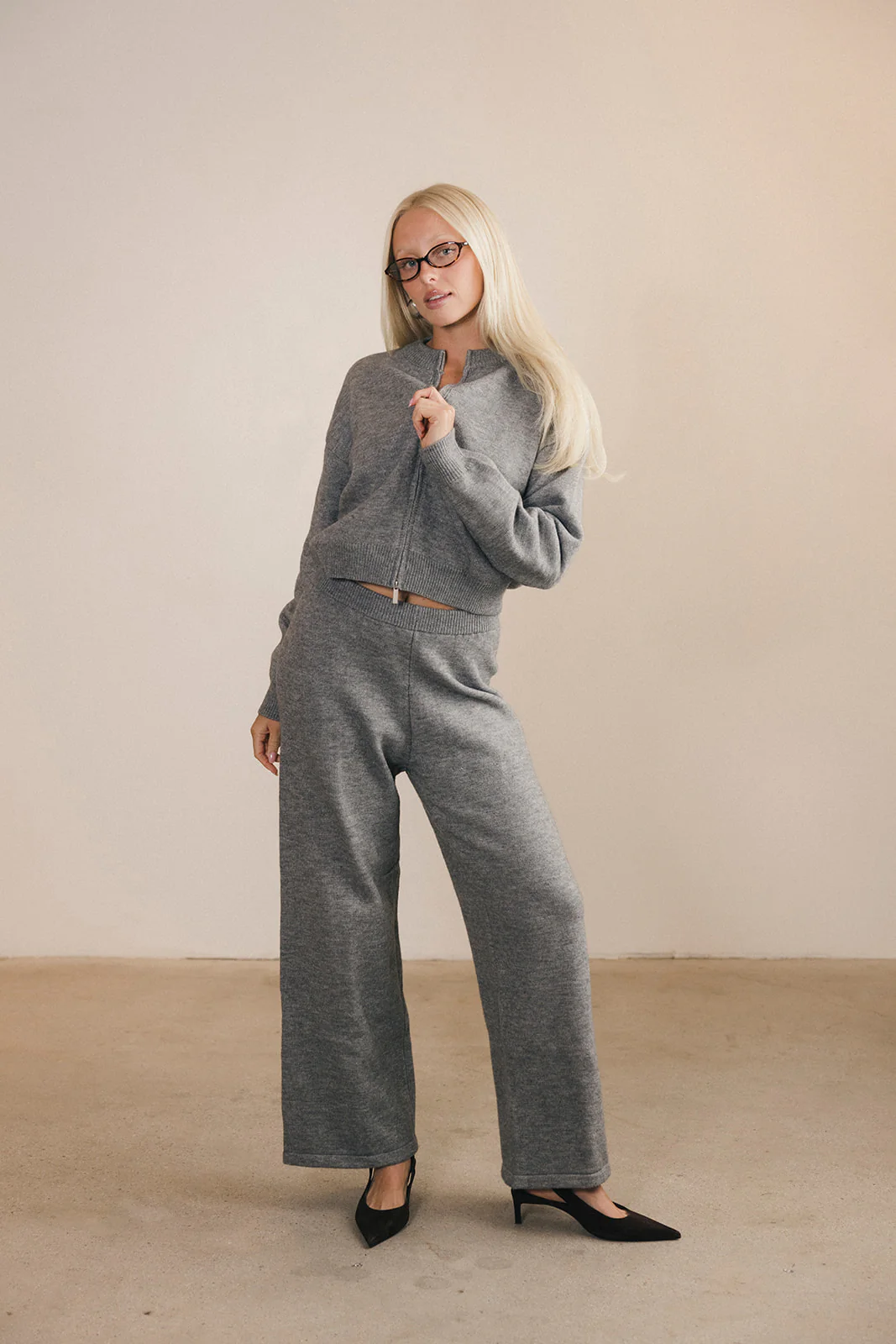 Ashlyn Knit Zip Up Long Sleeve Cardigan And Pants Set - Grey - Image 6