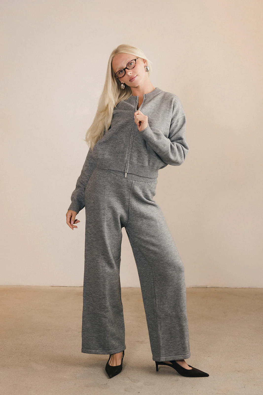 Ashlyn Knit Zip Up Long Sleeve Cardigan And Pants Set - Grey - Image 7