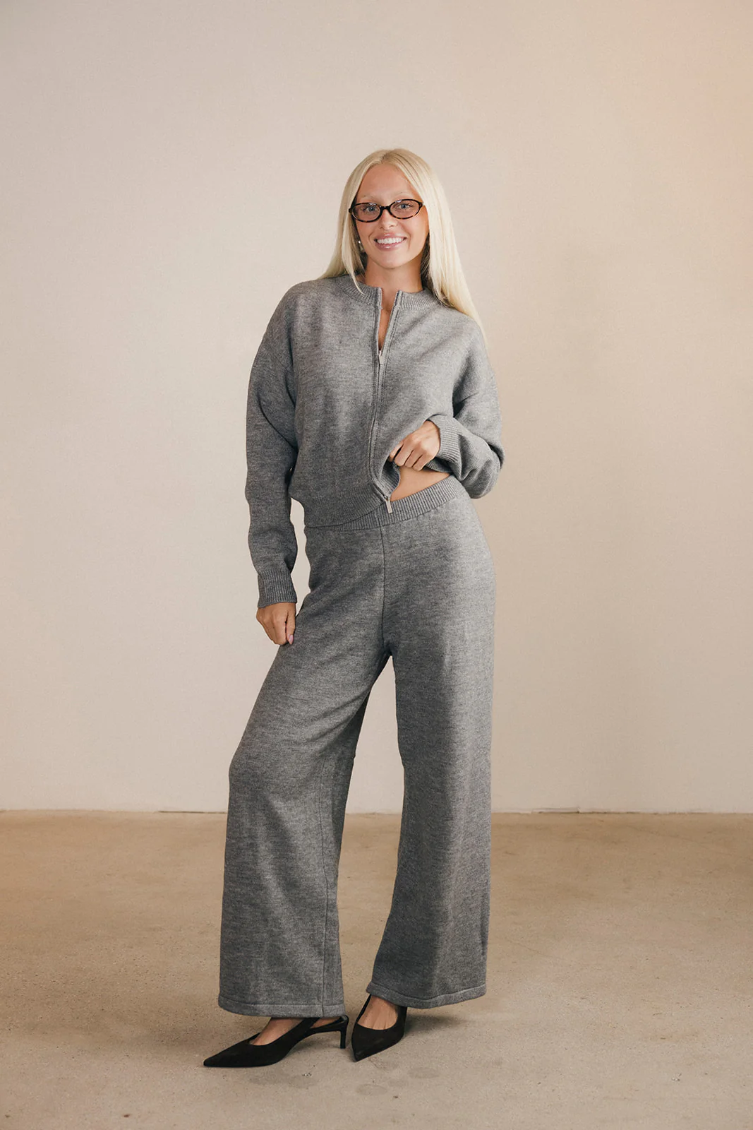Ashlyn Knit Zip Up Long Sleeve Cardigan And Pants Set - Grey - Image 9