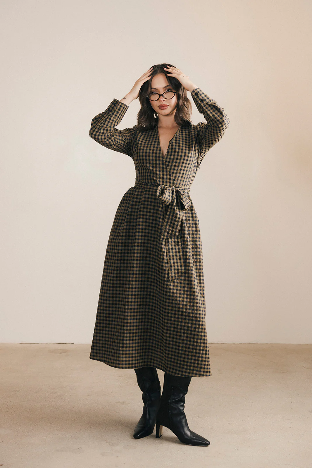 Celia Plaid Long Sleeve Shirt Dress - Carmel - Image 10