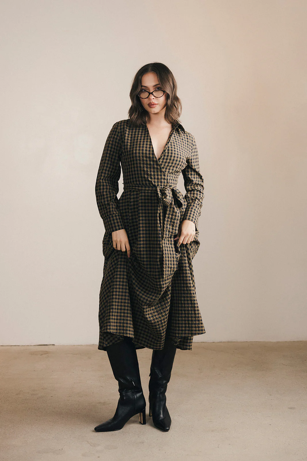 Celia Plaid Long Sleeve Shirt Dress - Carmel - Image 11