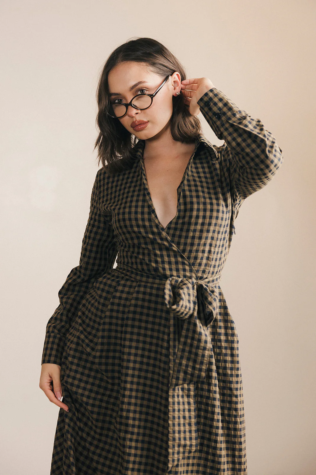 Celia Plaid Long Sleeve Shirt Dress - Carmel - Image 13