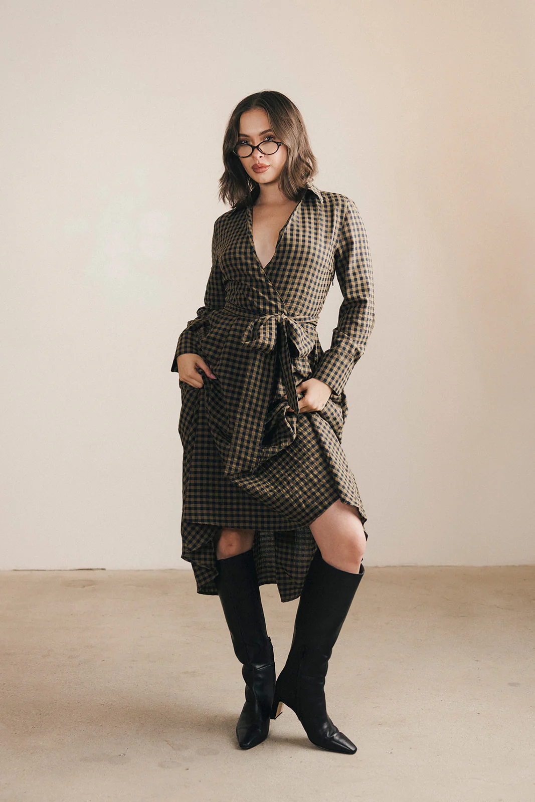Celia Plaid Long Sleeve Shirt Dress - Carmel - Image 4