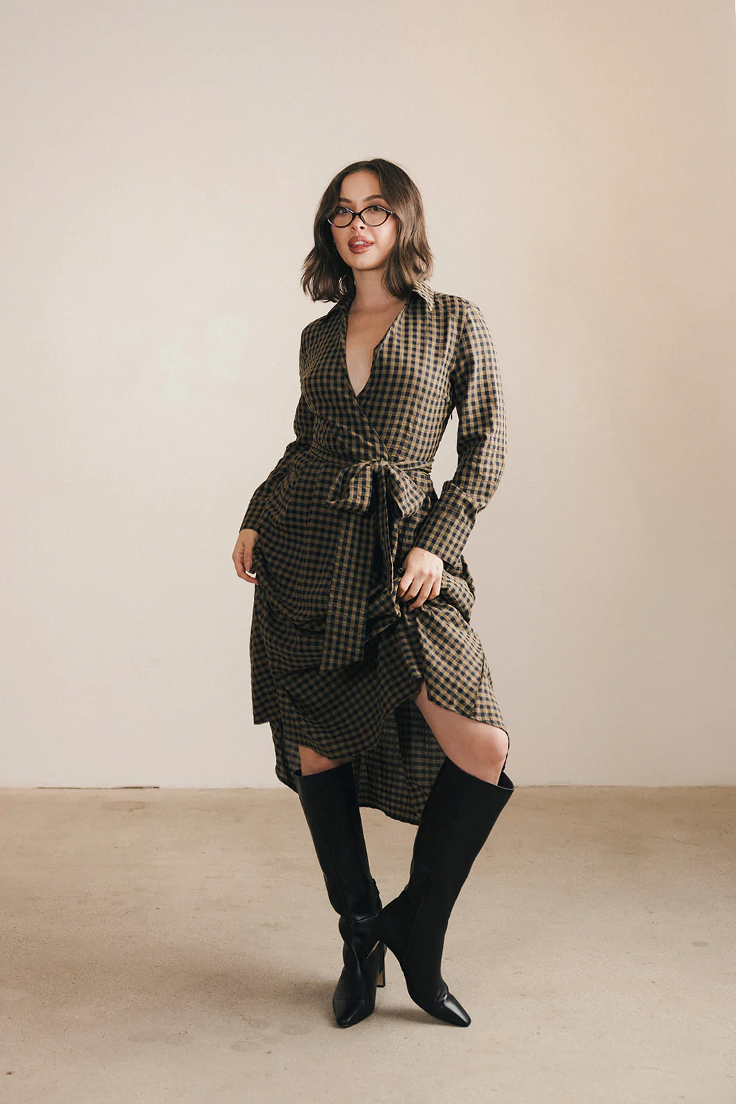 Celia Plaid Long Sleeve Shirt Dress - Carmel - Image 6