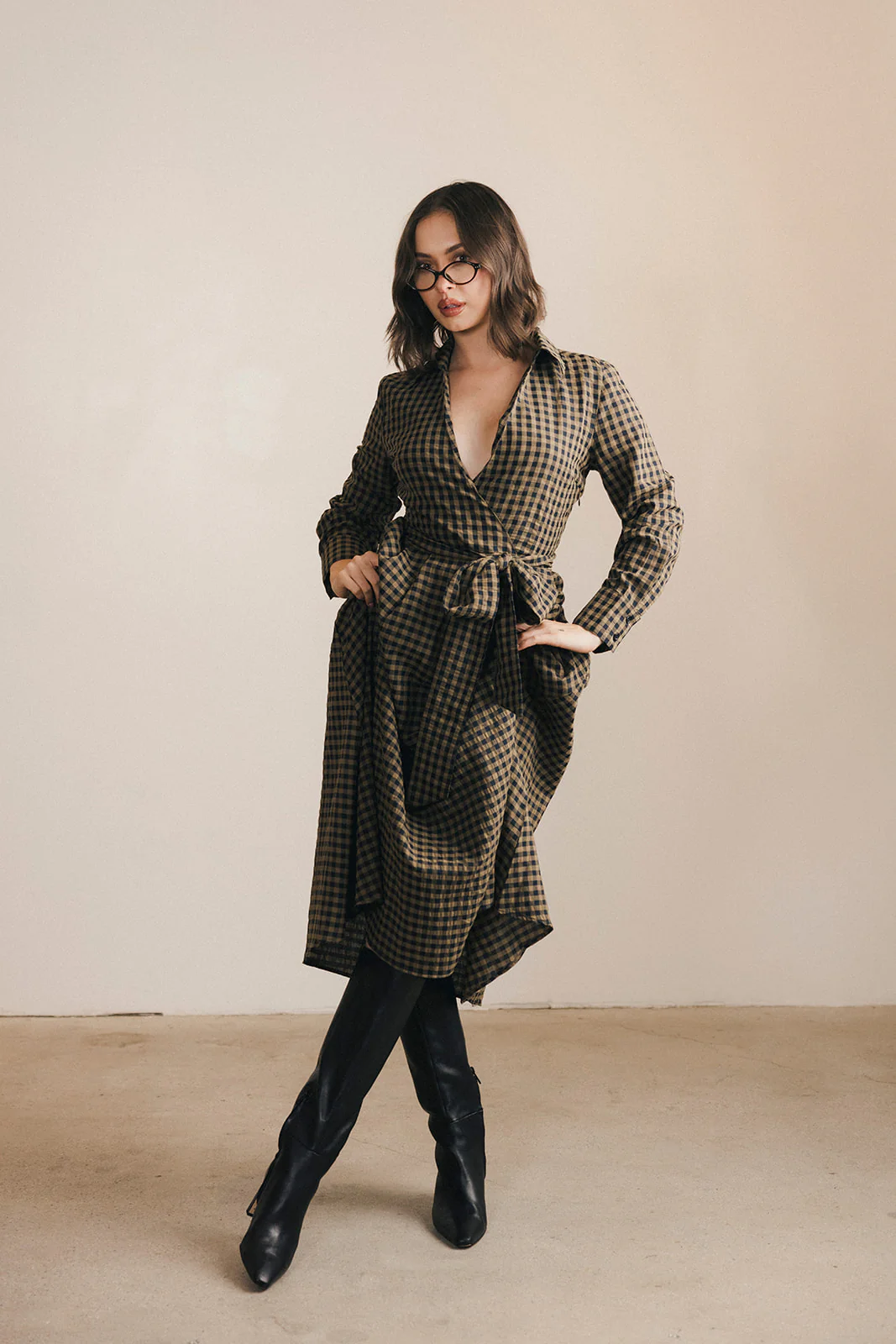 Celia Plaid Long Sleeve Shirt Dress - Carmel - Image 9