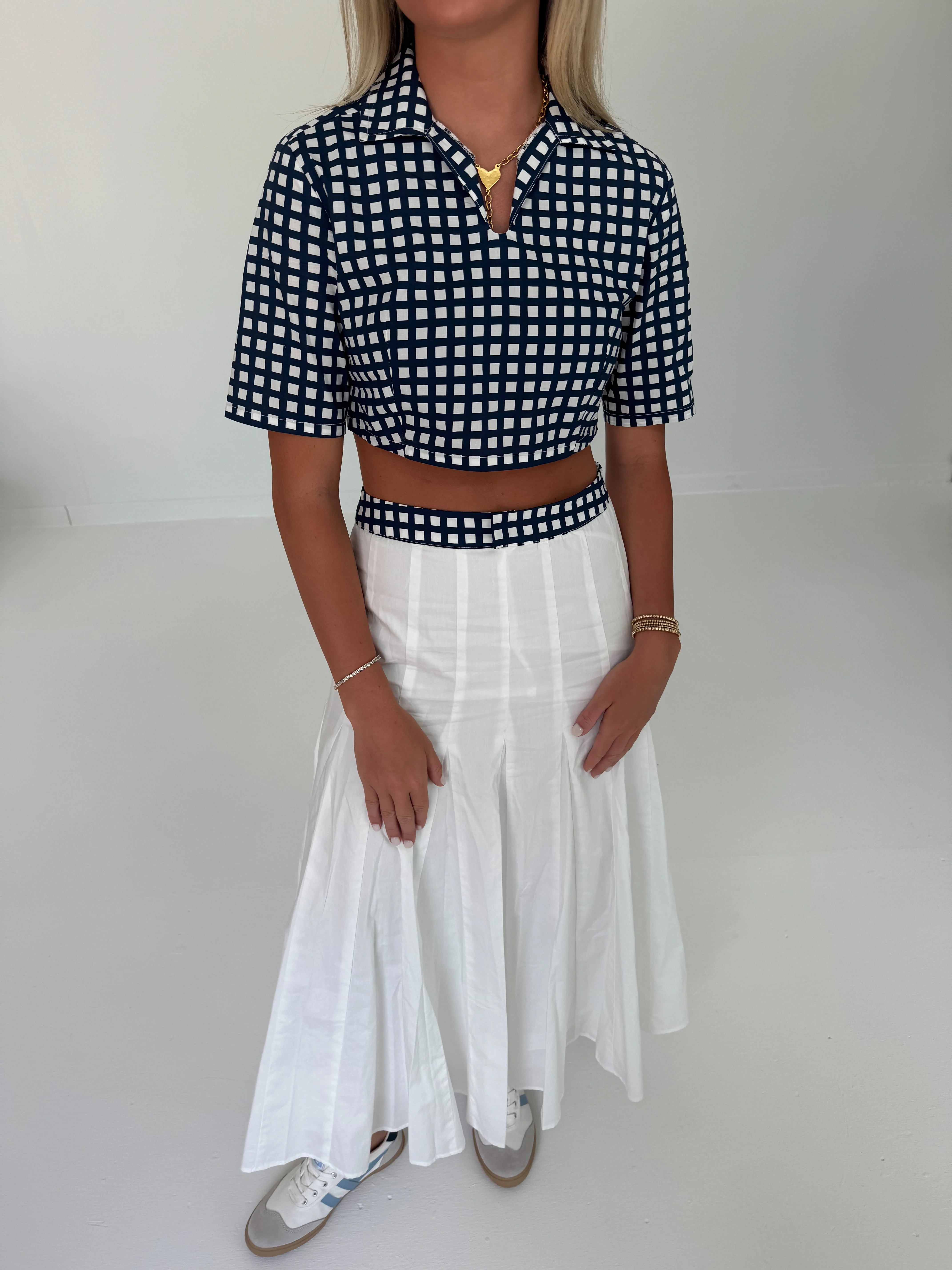 Dani Double Layer Pleated Maxi Skirt - Navy/White Gingham - Image 3