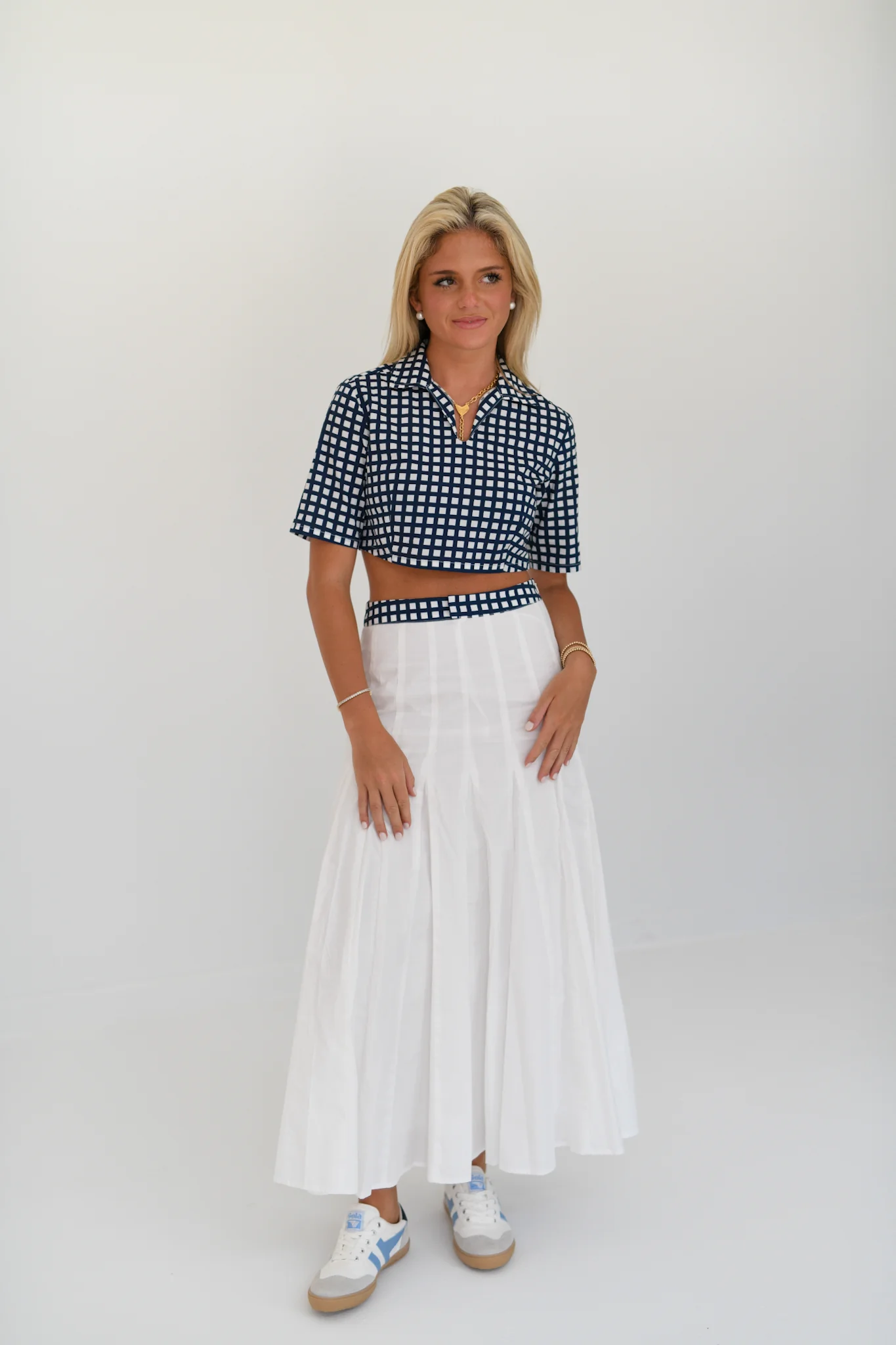 Dani Double Layer Pleated Maxi Skirt - Navy/White Gingham - Image 4