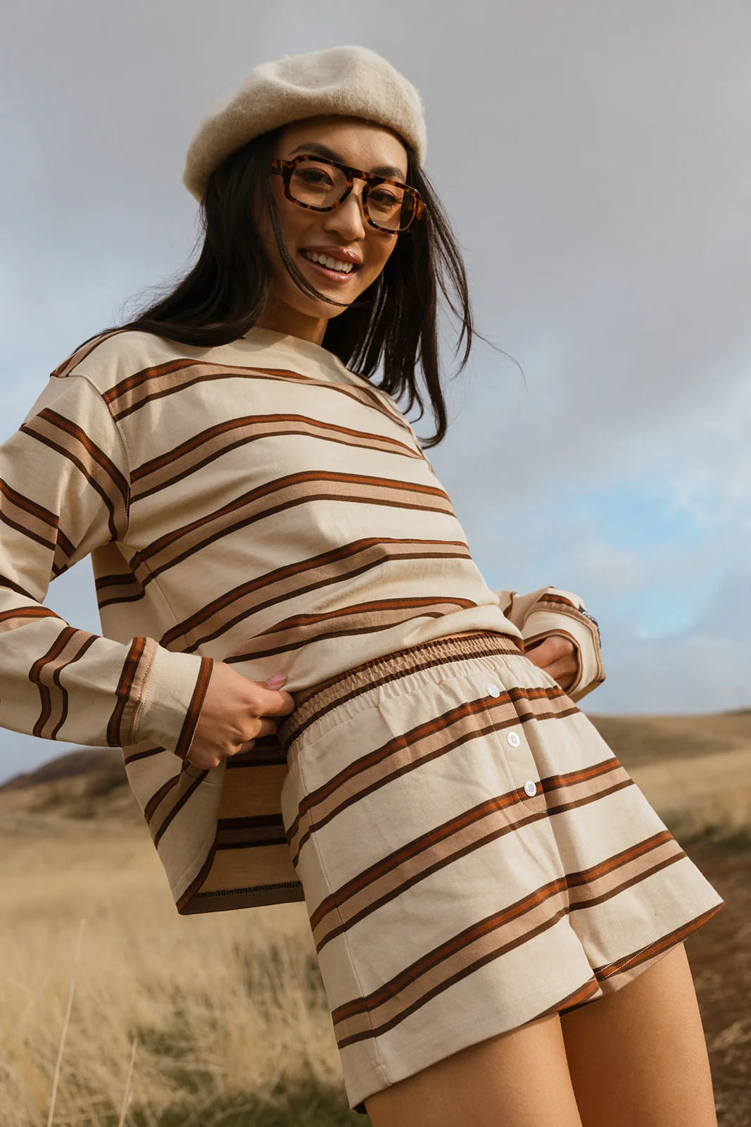 Fancy Button Striped Shorts - Desert Sand Brown - Image 10