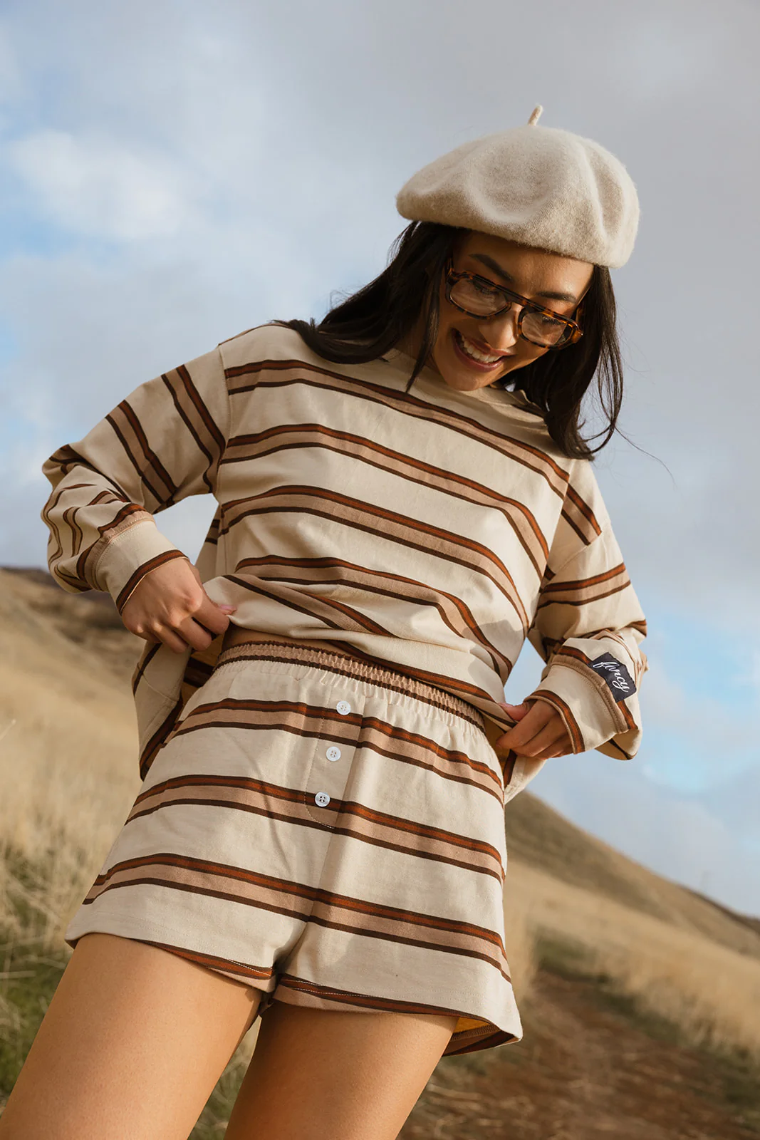 Fancy Button Striped Shorts - Desert Sand Brown - Image 9