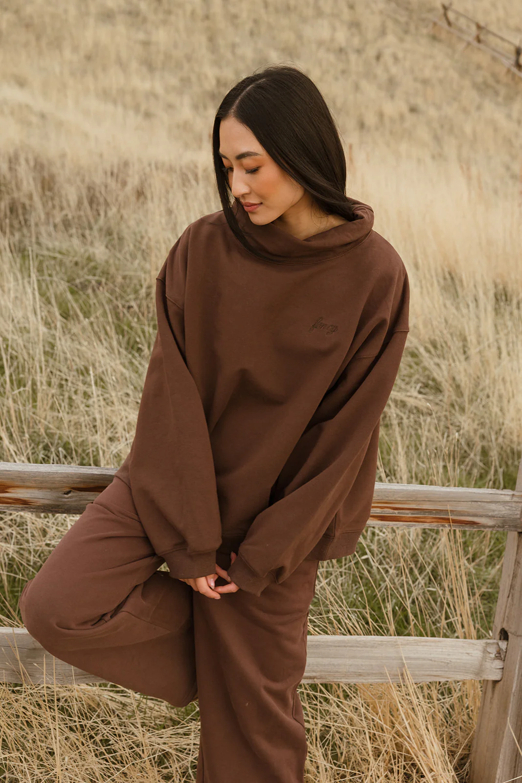 Fancy Oversized Fleece Embroidered Rolled Neck - Desert Sand Brown - Image 11