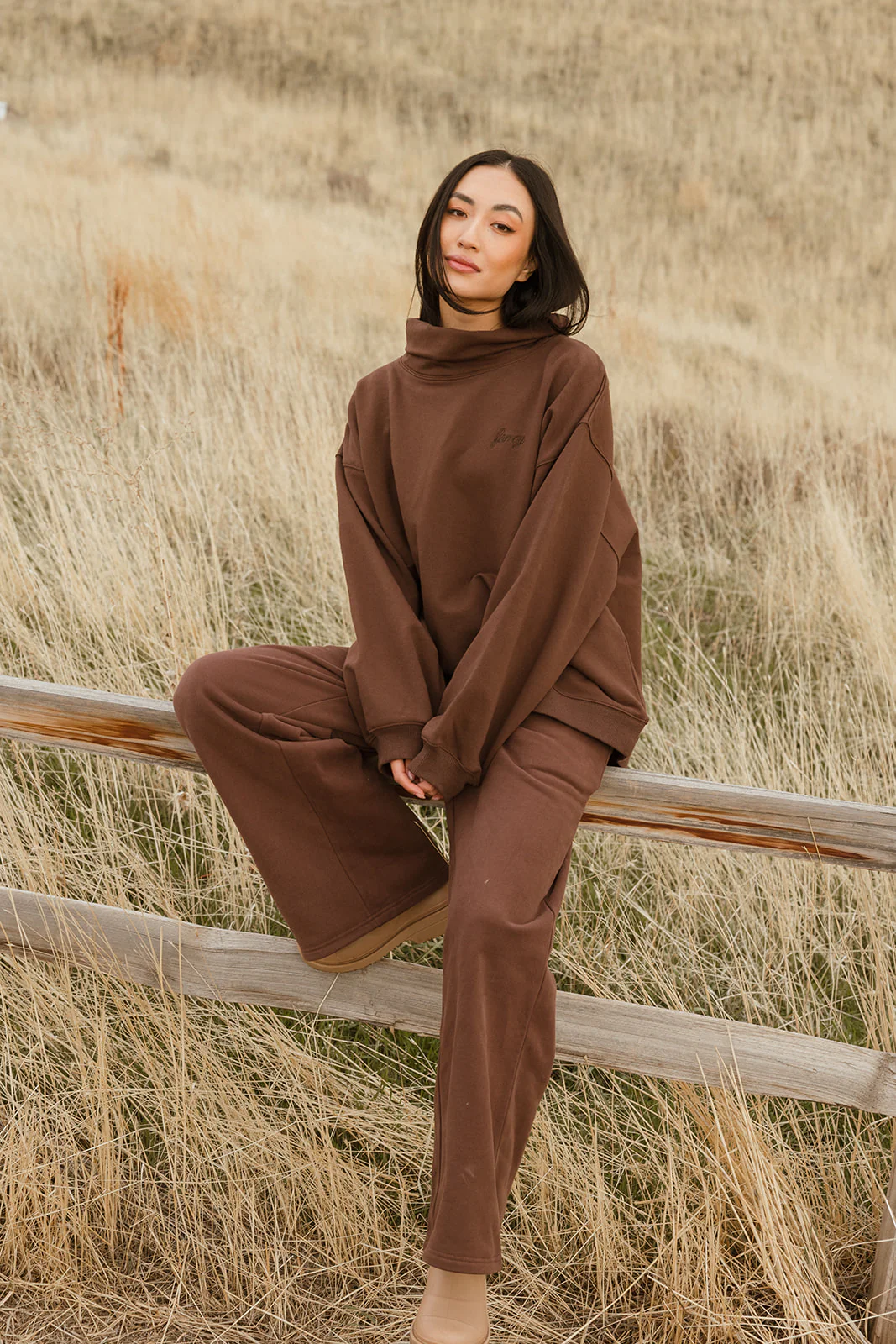 Fancy Oversized Fleece Embroidered Rolled Neck - Desert Sand Brown - Image 12