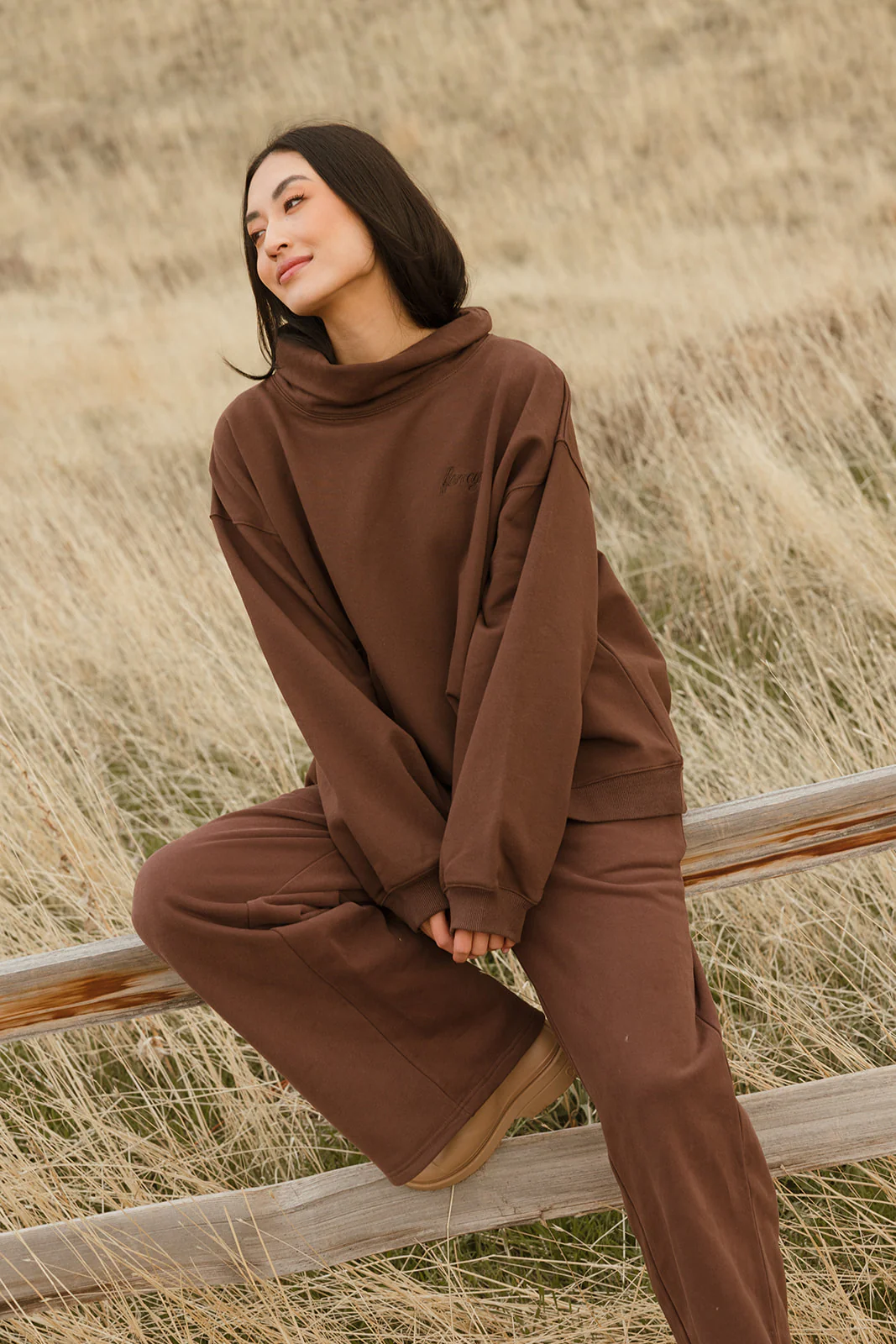 Fancy Oversized Fleece Embroidered Rolled Neck - Desert Sand Brown - Image 16
