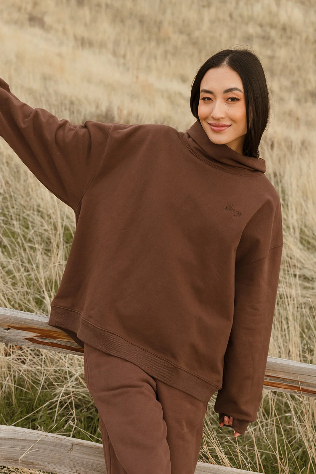 Fancy Oversized Fleece Embroidered Rolled Neck - Desert Sand Brown - Image 17