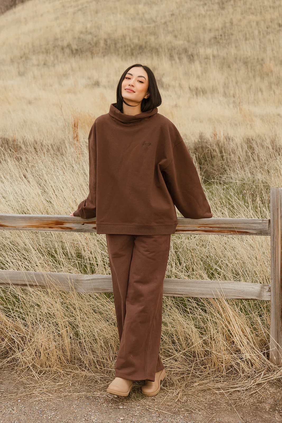 Fancy Oversized Fleece Embroidered Rolled Neck - Desert Sand Brown - Image 4
