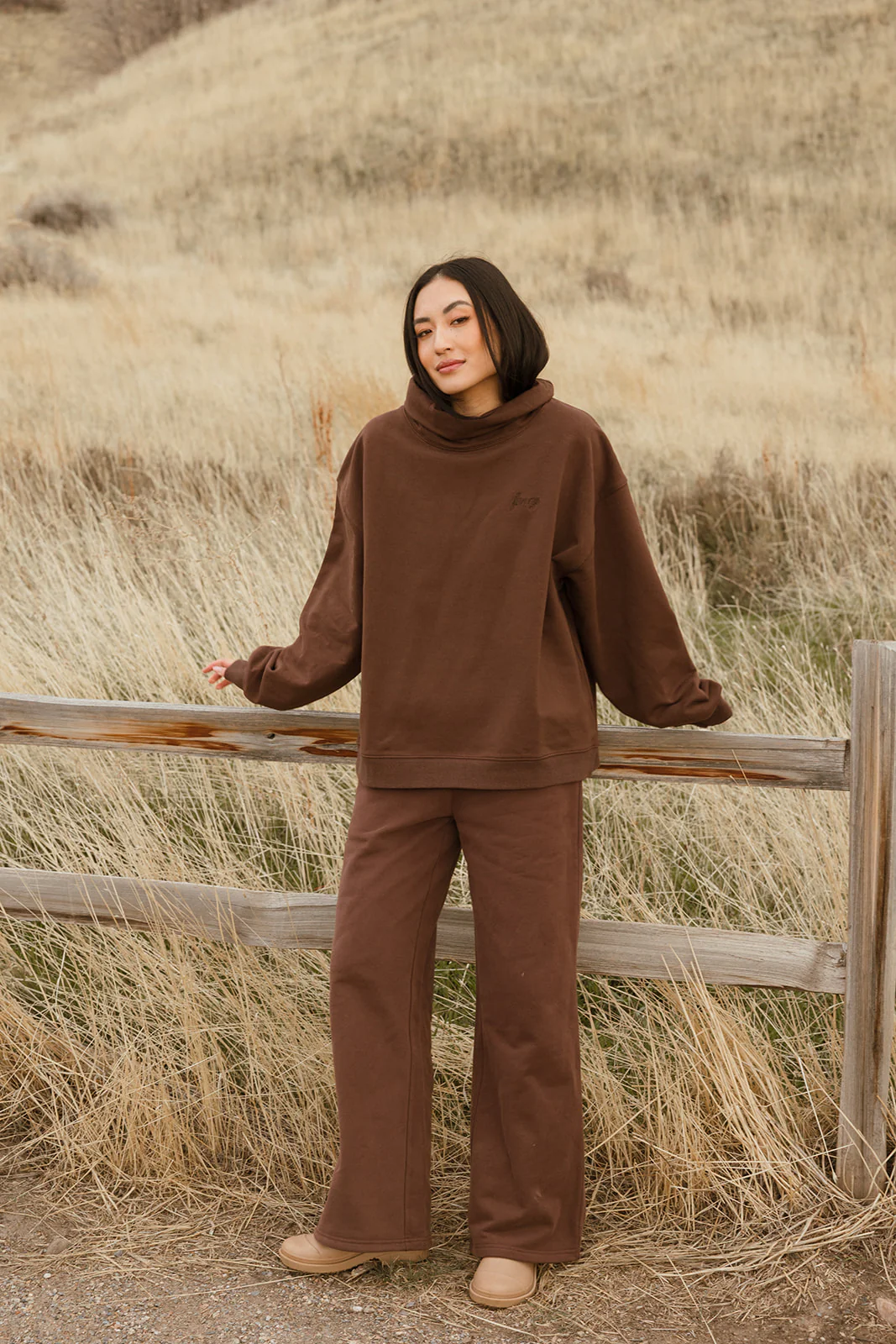 Fancy Oversized Fleece Embroidered Rolled Neck - Desert Sand Brown - Image 5