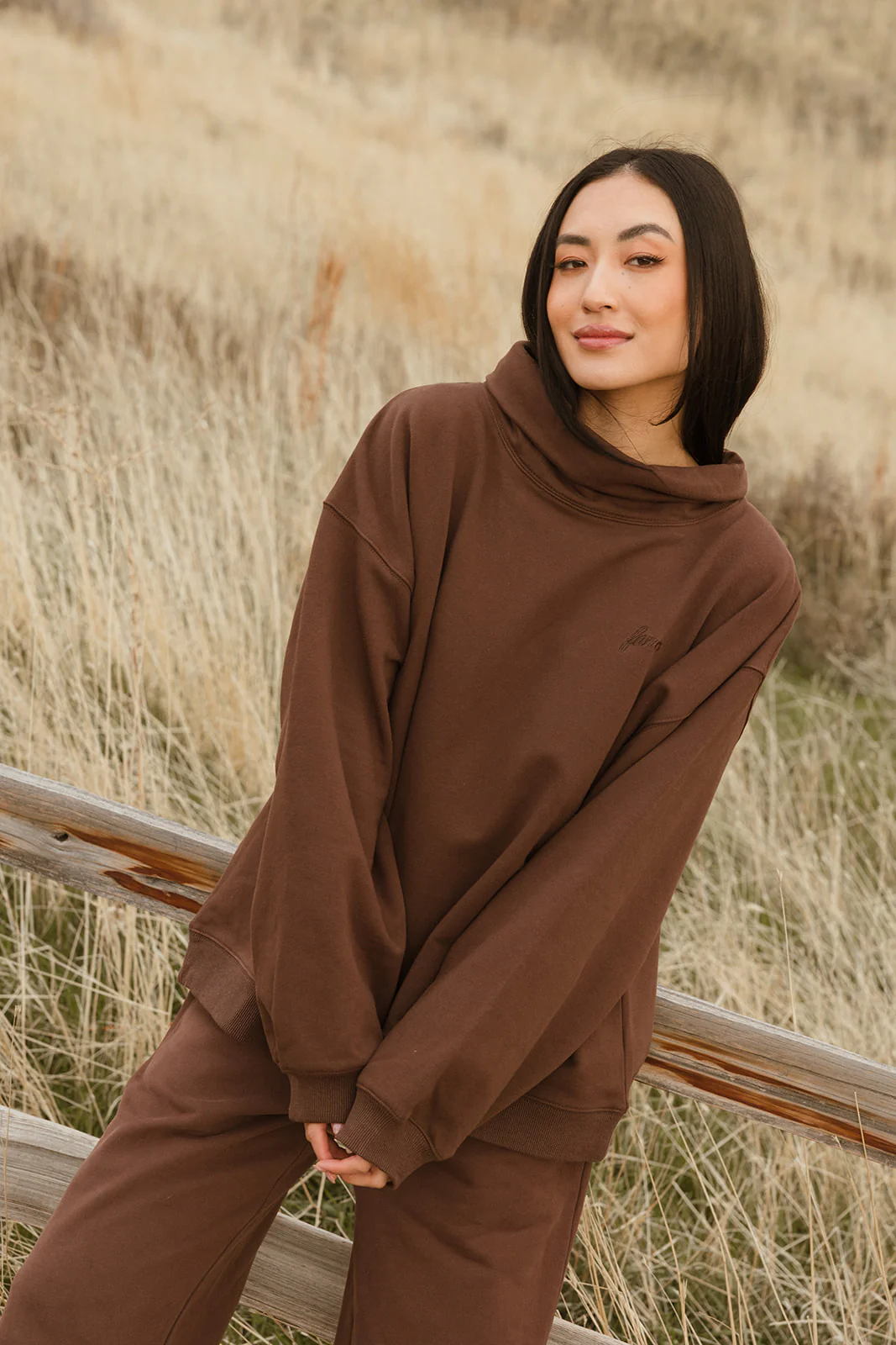 Fancy Oversized Fleece Embroidered Rolled Neck - Desert Sand Brown - Image 6