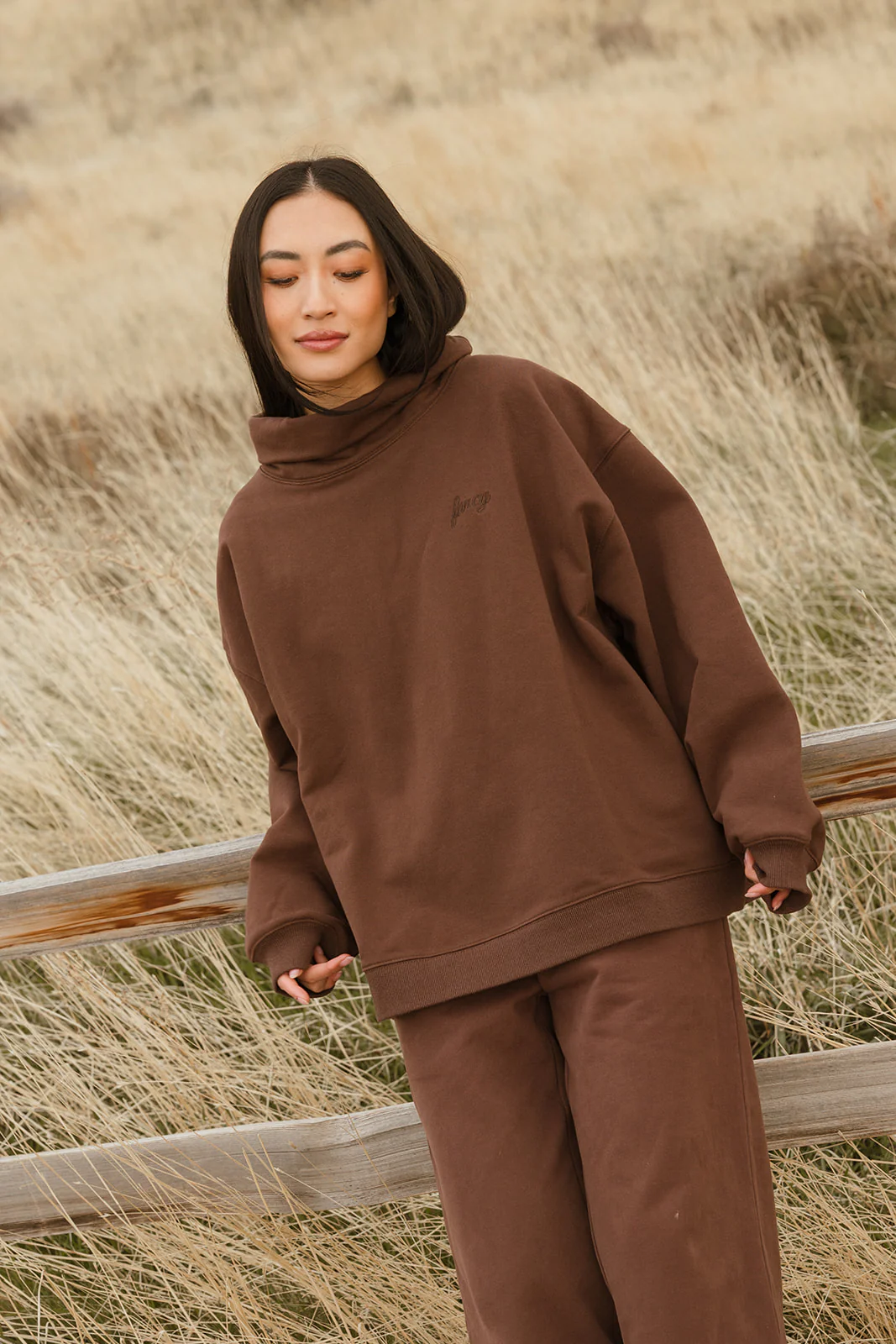 Fancy Oversized Fleece Embroidered Rolled Neck - Desert Sand Brown - Image 7