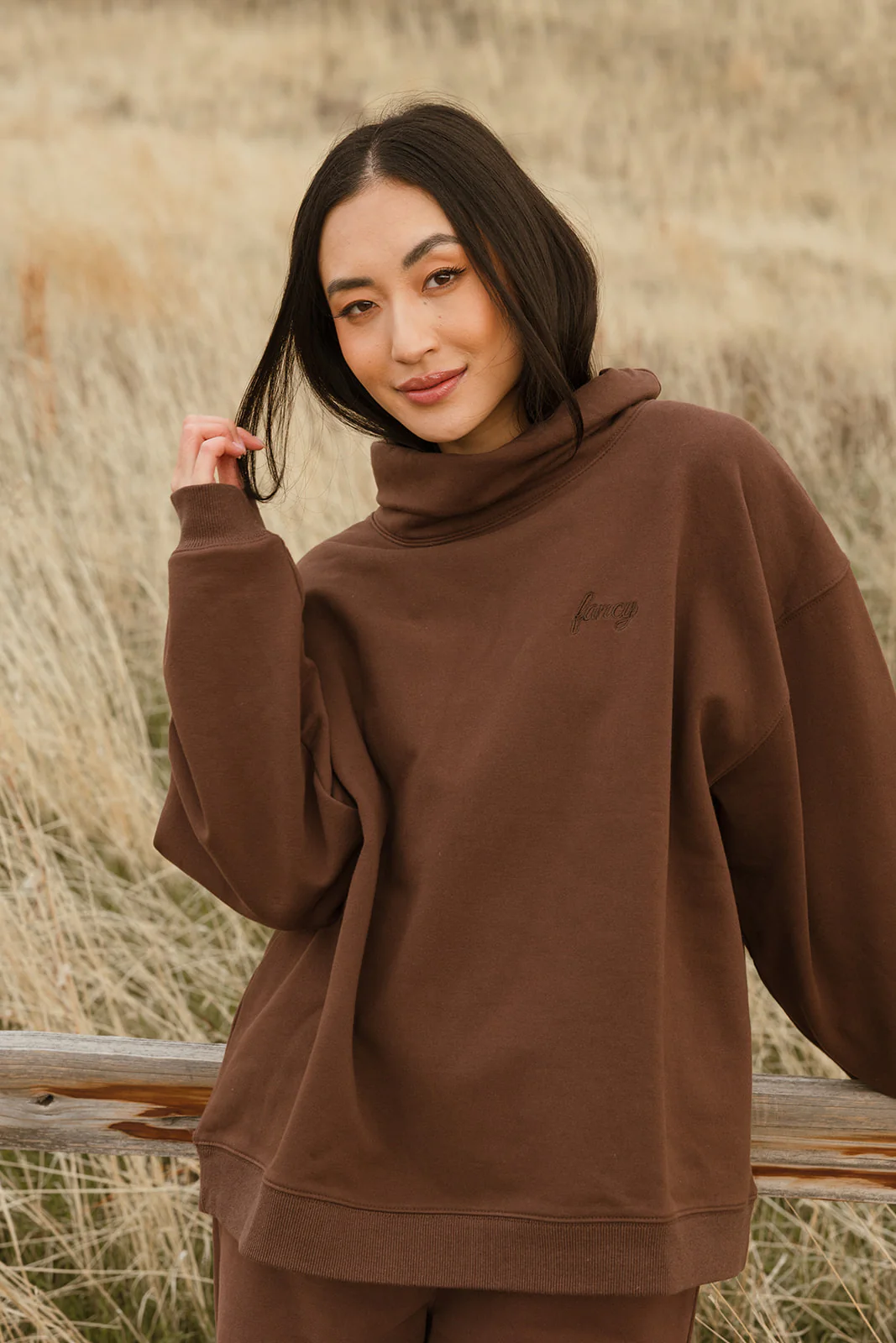Fancy Oversized Fleece Embroidered Rolled Neck - Desert Sand Brown - Image 8