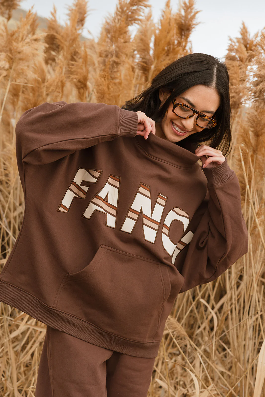 Fancy Oversized Fleece PocketCloud Striped Mockneck - Desert Sand Brown - Image 10