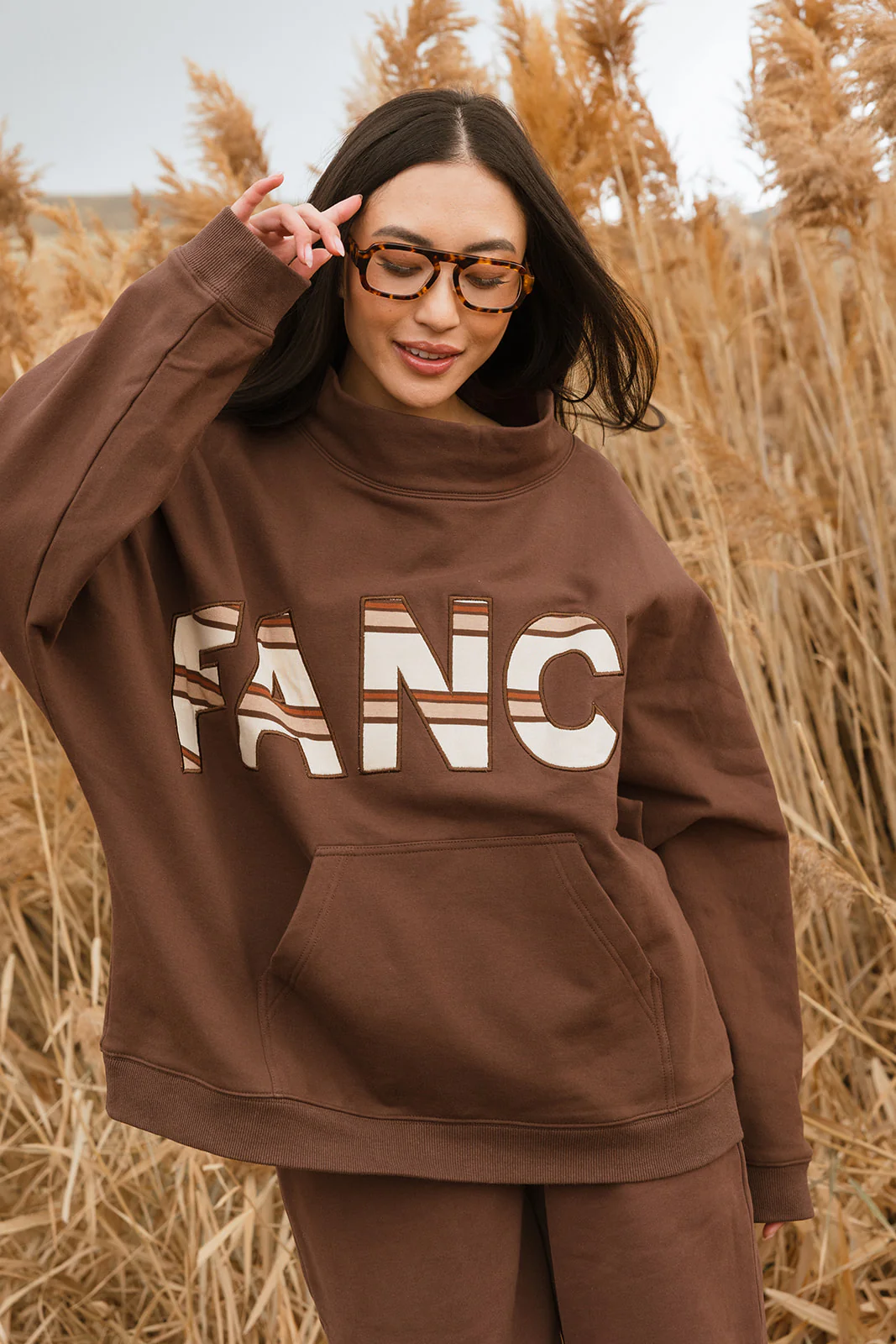 Fancy Oversized Fleece PocketCloud Striped Mockneck - Desert Sand Brown - Image 11