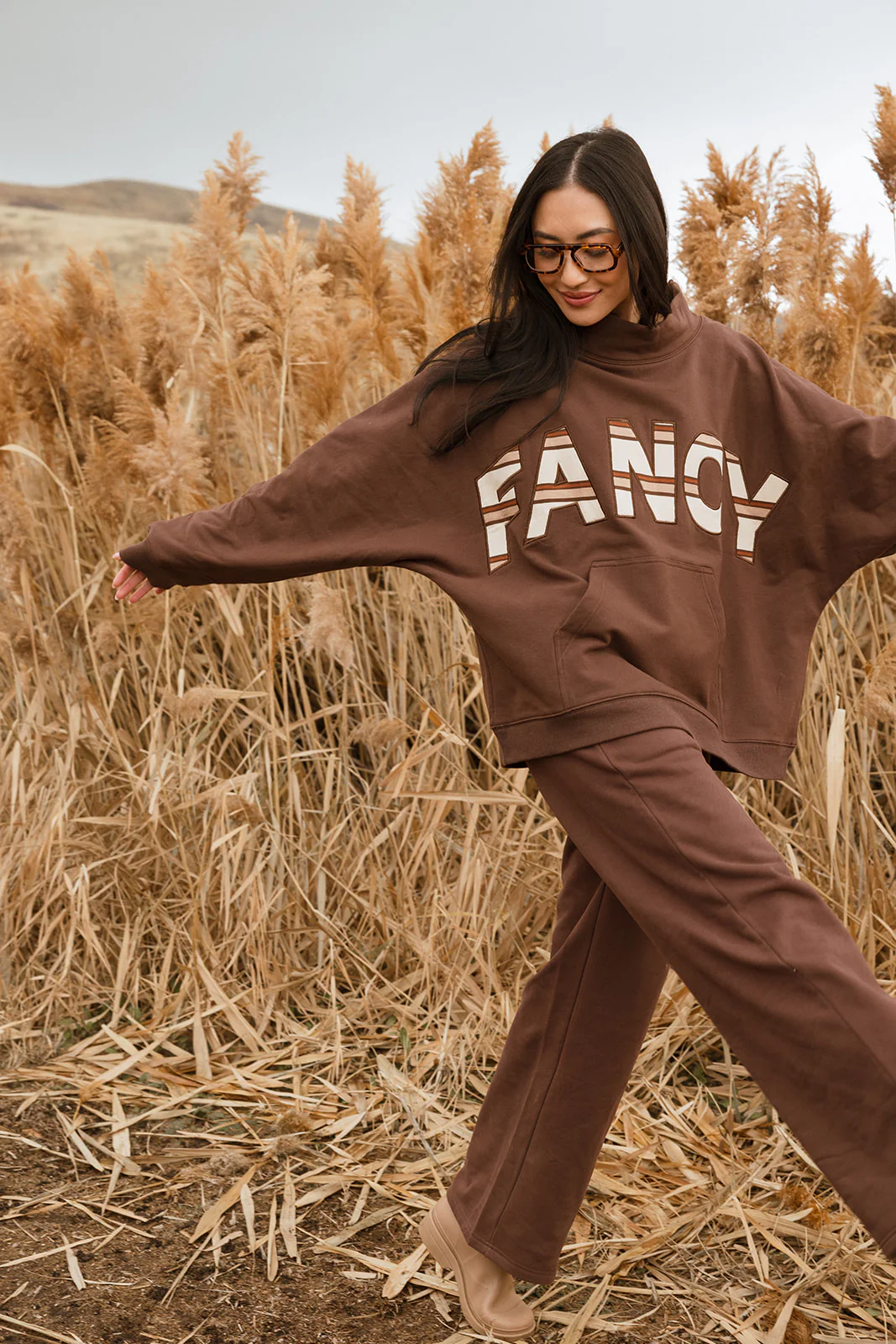 Fancy Oversized Fleece PocketCloud Striped Mockneck - Desert Sand Brown - Image 12