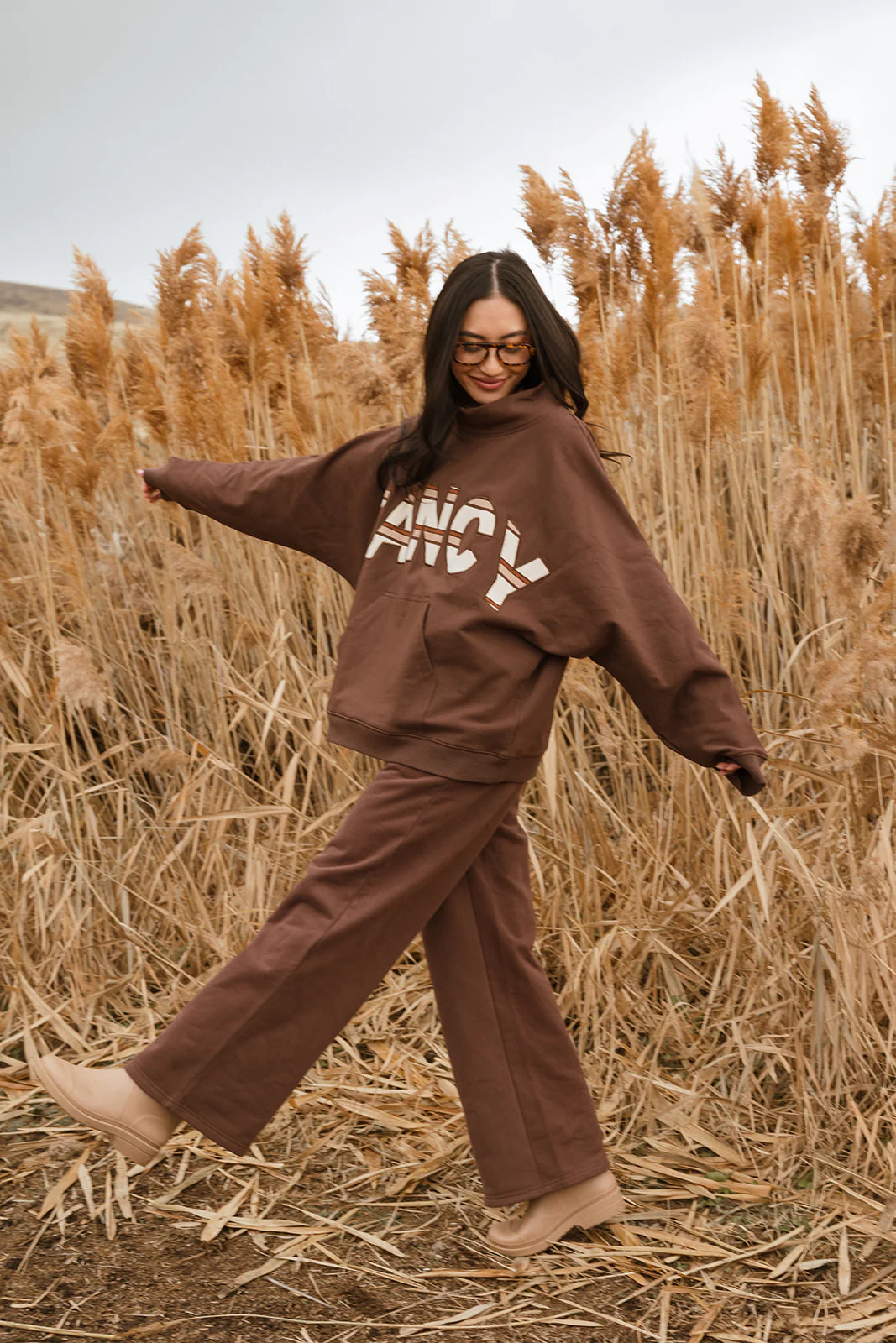Fancy Oversized Fleece PocketCloud Striped Mockneck - Desert Sand Brown - Image 13