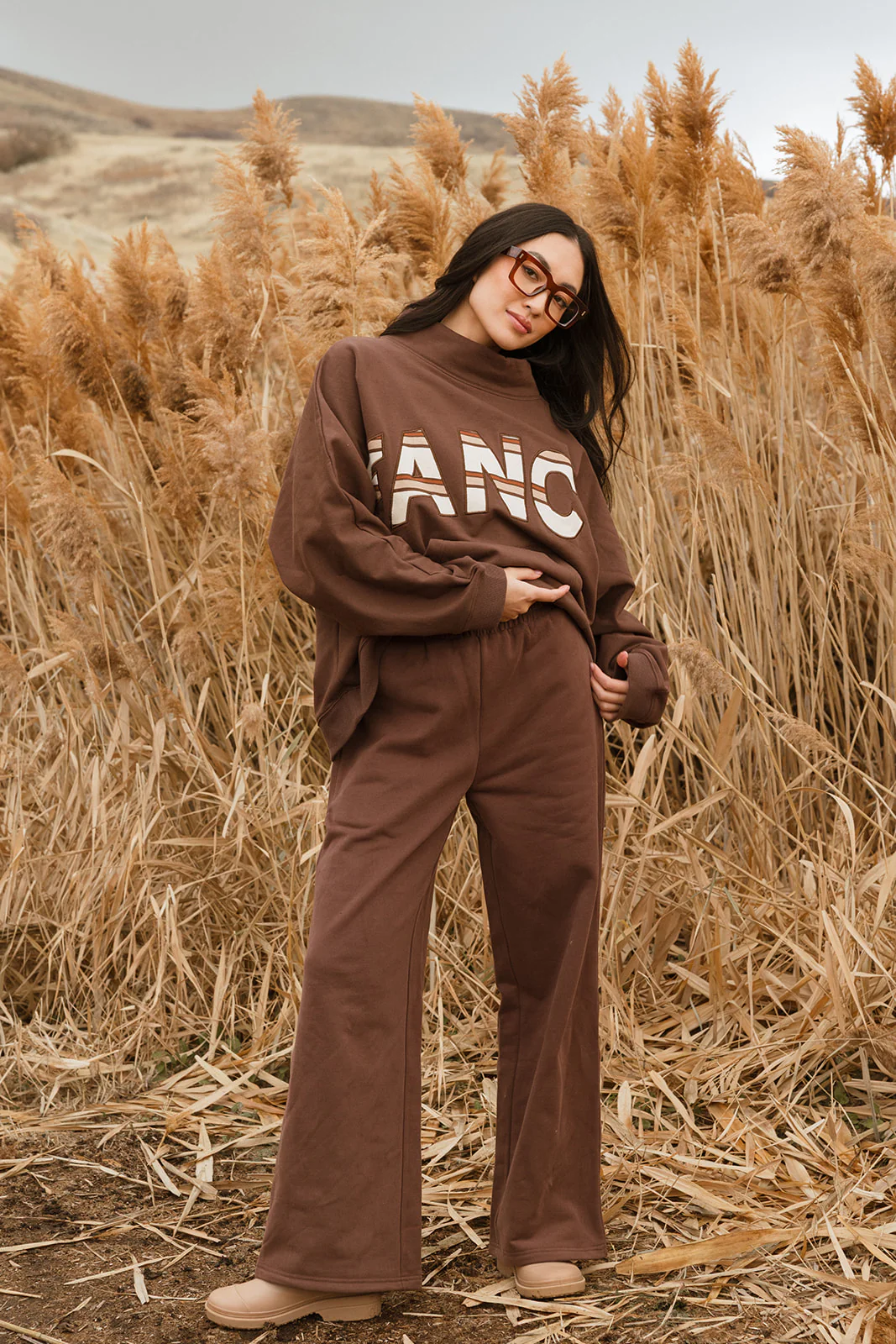 Fancy Oversized Fleece PocketCloud Striped Mockneck - Desert Sand Brown - Image 15