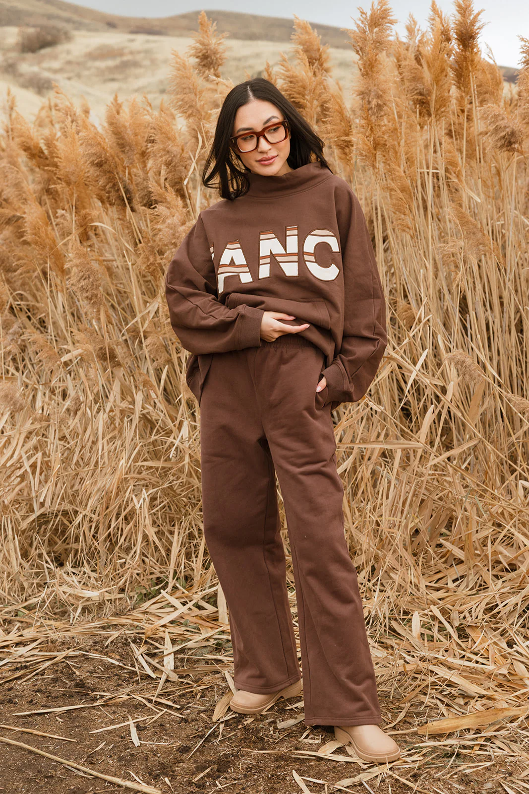 Fancy Oversized Fleece PocketCloud Striped Mockneck - Desert Sand Brown - Image 16