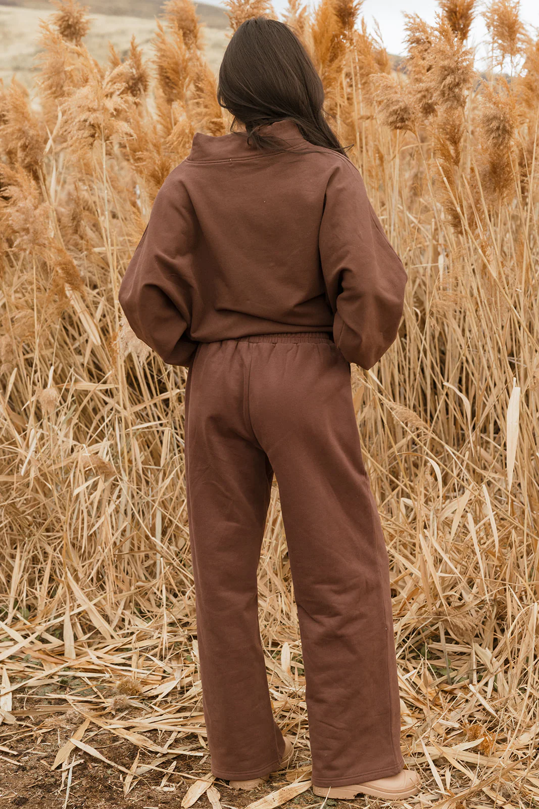 Fancy Oversized Fleece PocketCloud Striped Mockneck - Desert Sand Brown - Image 17