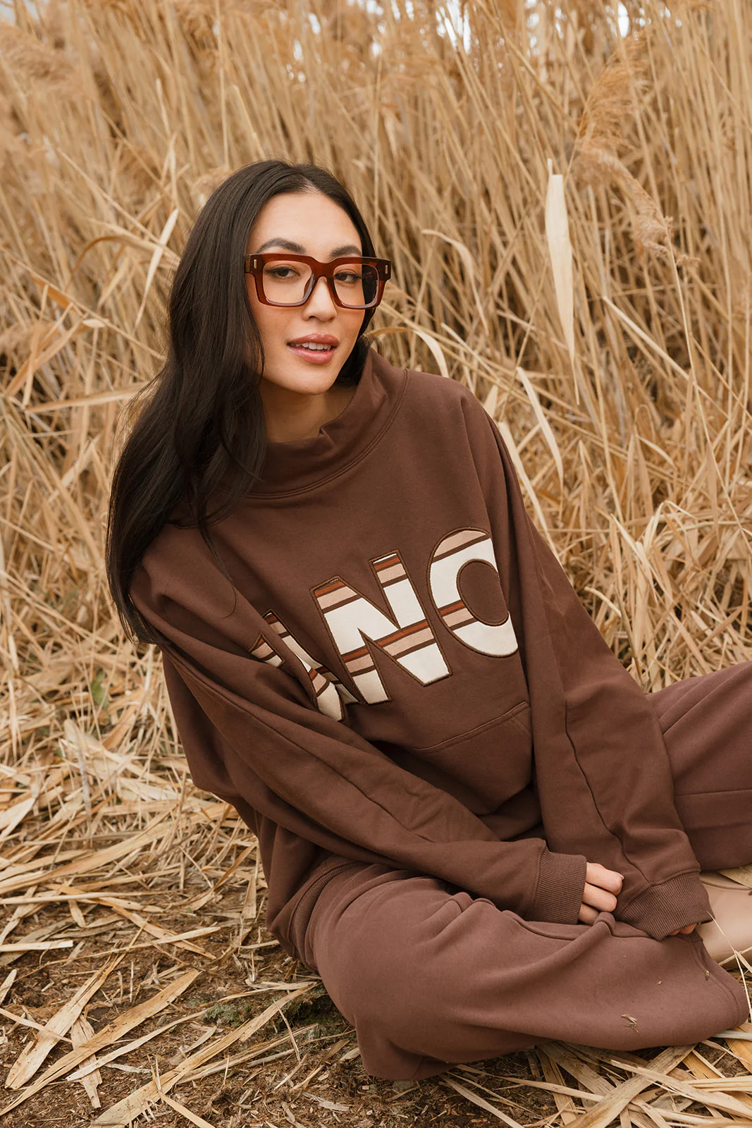 Fancy Oversized Fleece PocketCloud Striped Mockneck - Desert Sand Brown - Image 19
