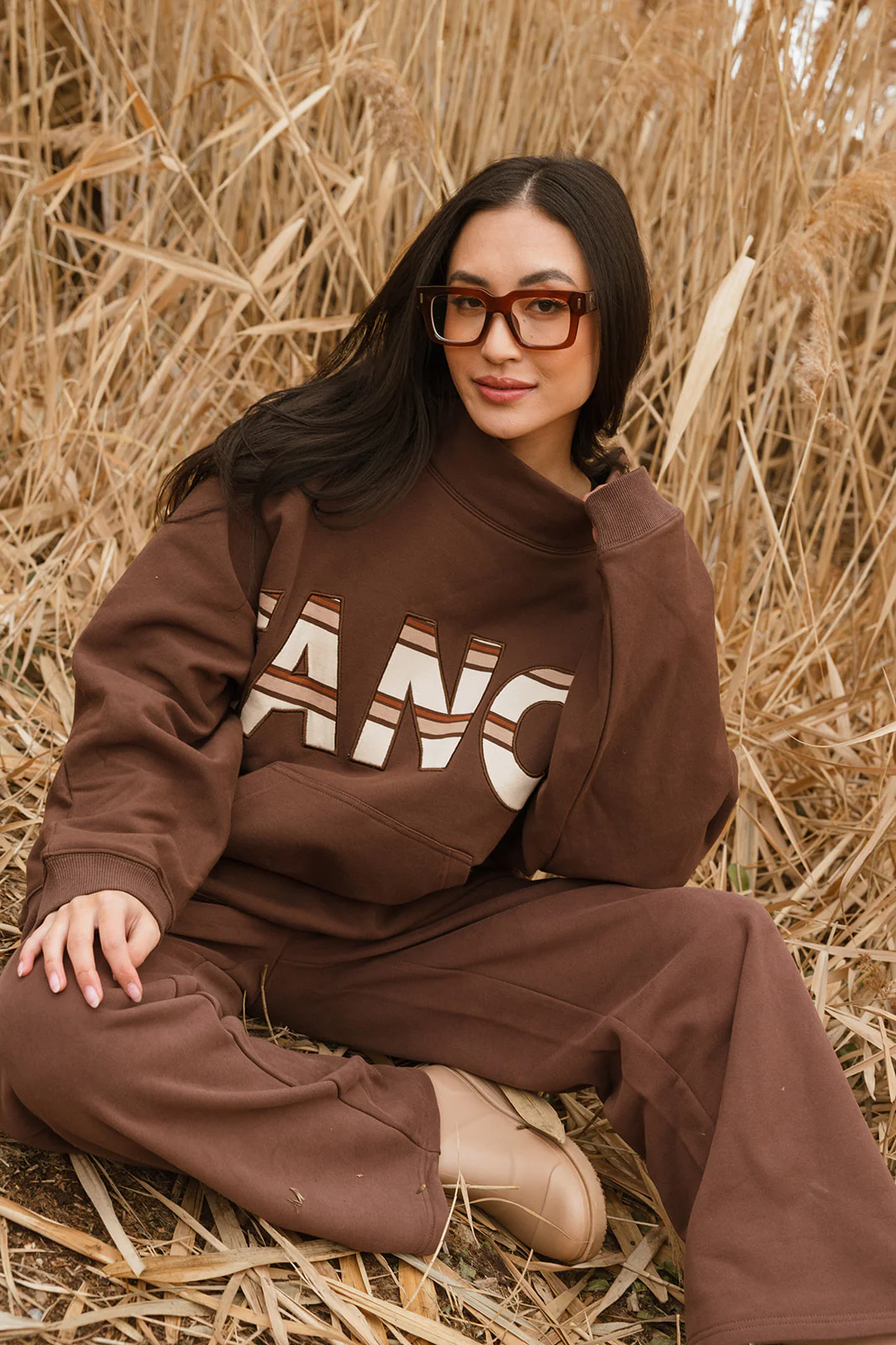 Fancy Oversized Fleece PocketCloud Striped Mockneck - Desert Sand Brown - Image 20