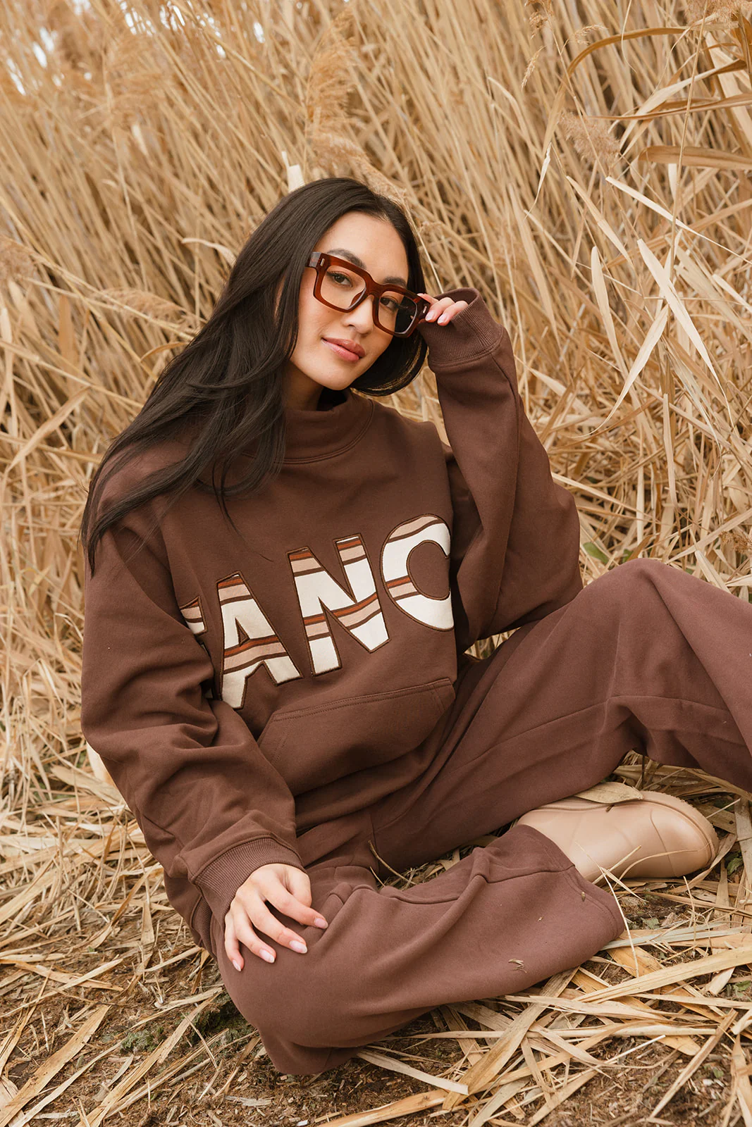 Fancy Oversized Fleece PocketCloud Striped Mockneck - Desert Sand Brown - Image 21