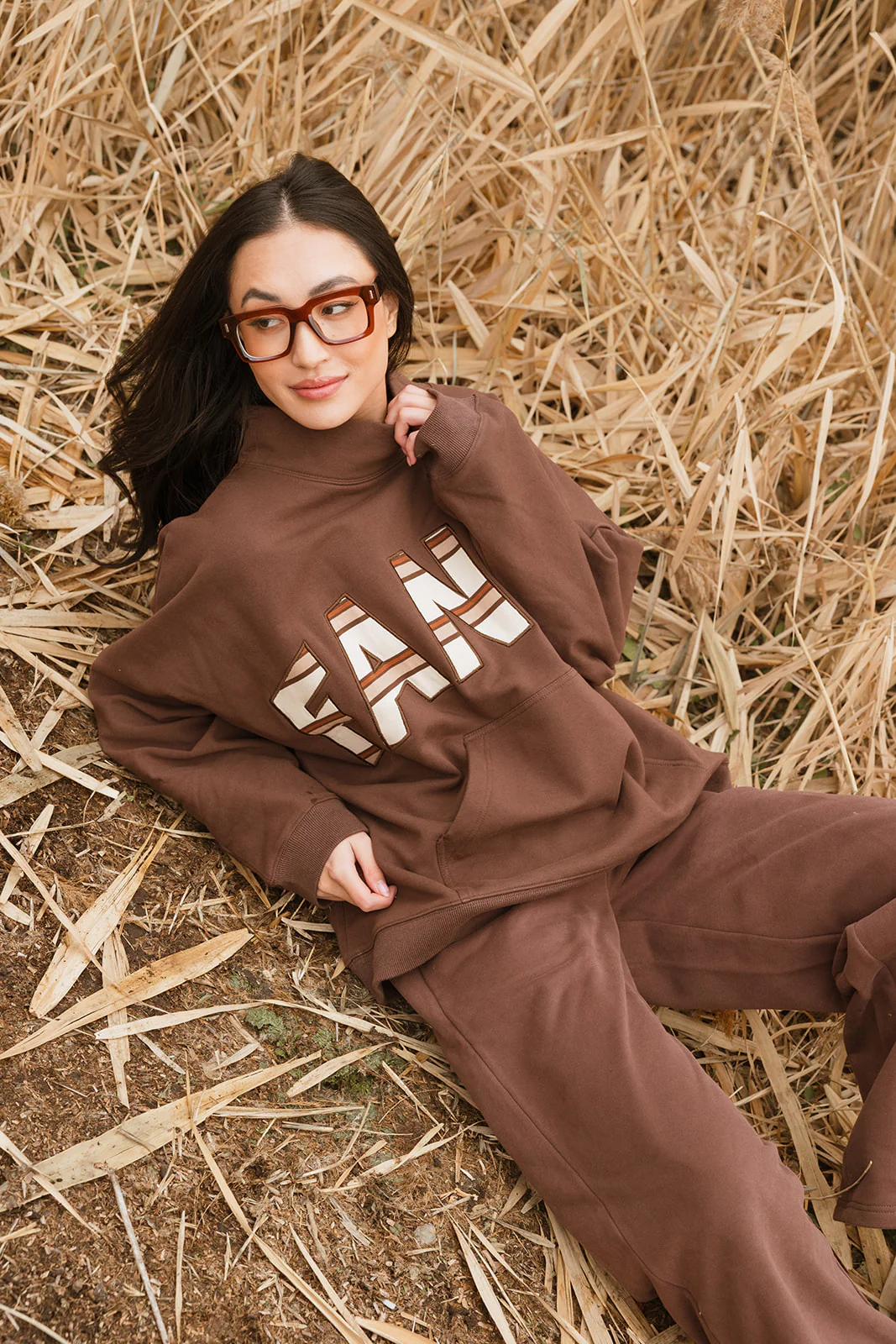 Fancy Oversized Fleece PocketCloud Striped Mockneck - Desert Sand Brown - Image 23