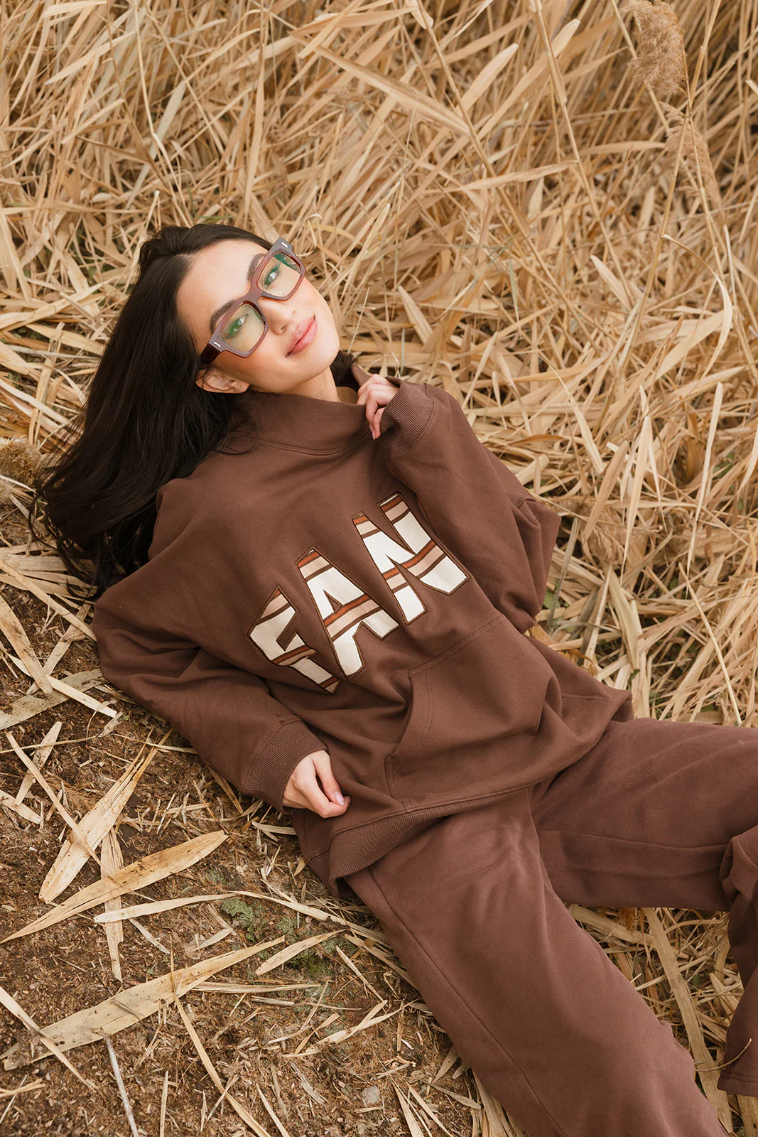 Fancy Oversized Fleece PocketCloud Striped Mockneck - Desert Sand Brown - Image 25