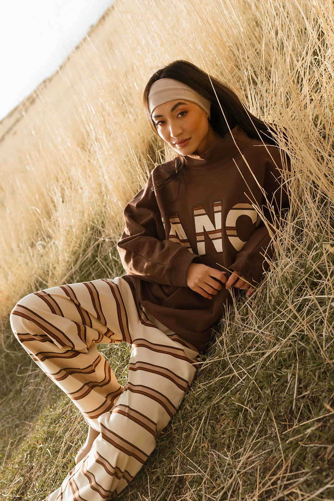 Fancy Oversized Fleece PocketCloud Striped Mockneck - Desert Sand Brown - Image 27