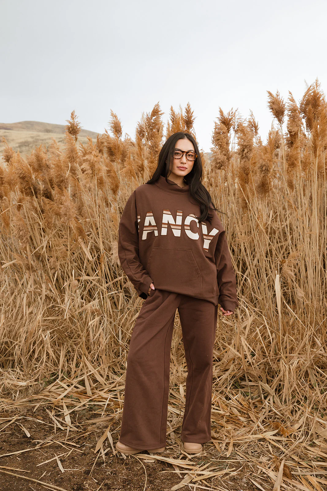 Fancy Oversized Fleece PocketCloud Striped Mockneck - Desert Sand Brown - Image 3