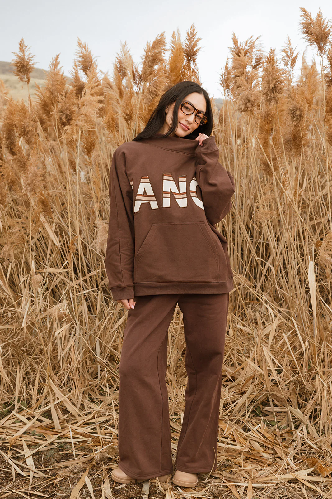 Fancy Oversized Fleece PocketCloud Striped Mockneck - Desert Sand Brown - Image 4