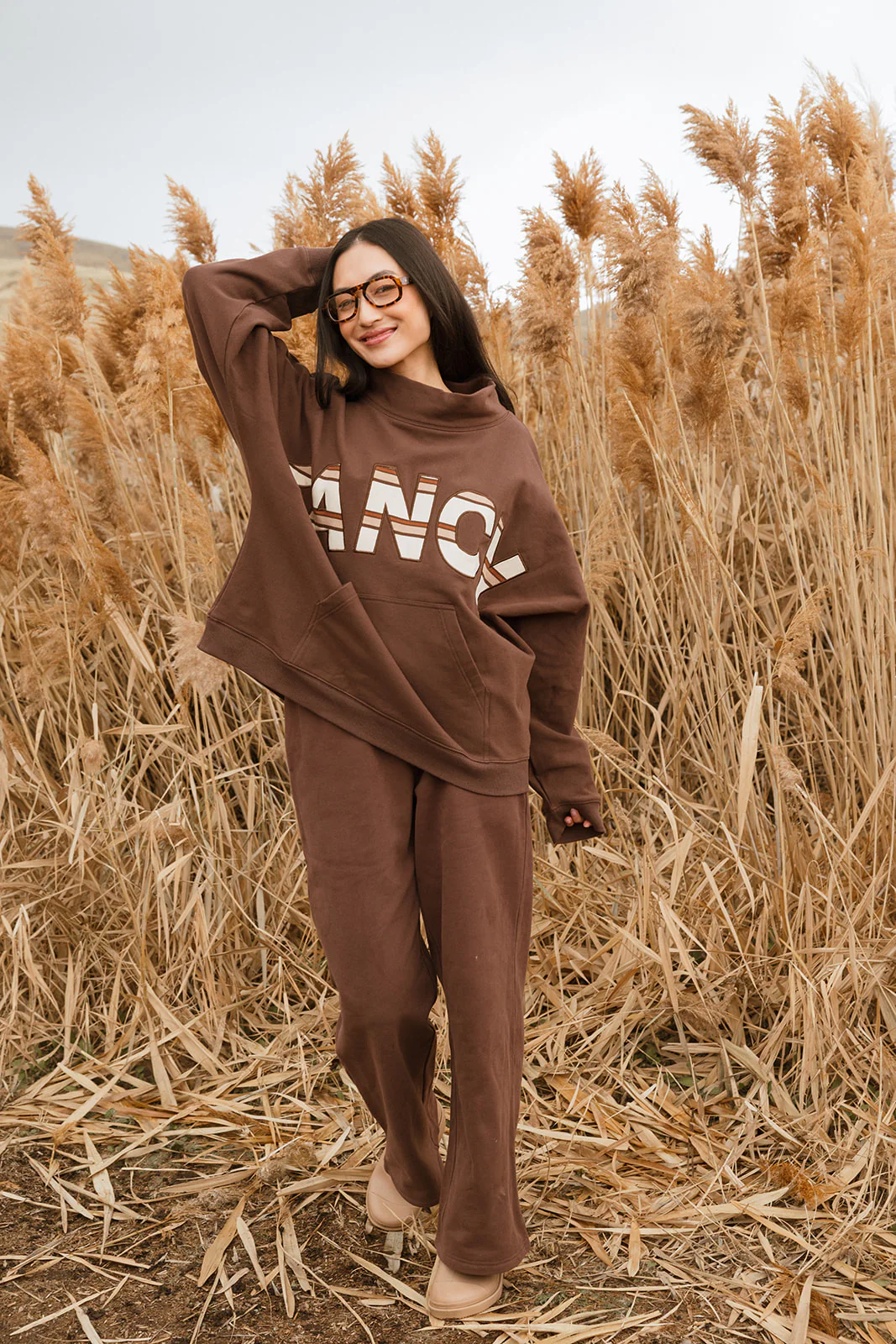 Fancy Oversized Fleece PocketCloud Striped Mockneck - Desert Sand Brown - Image 5