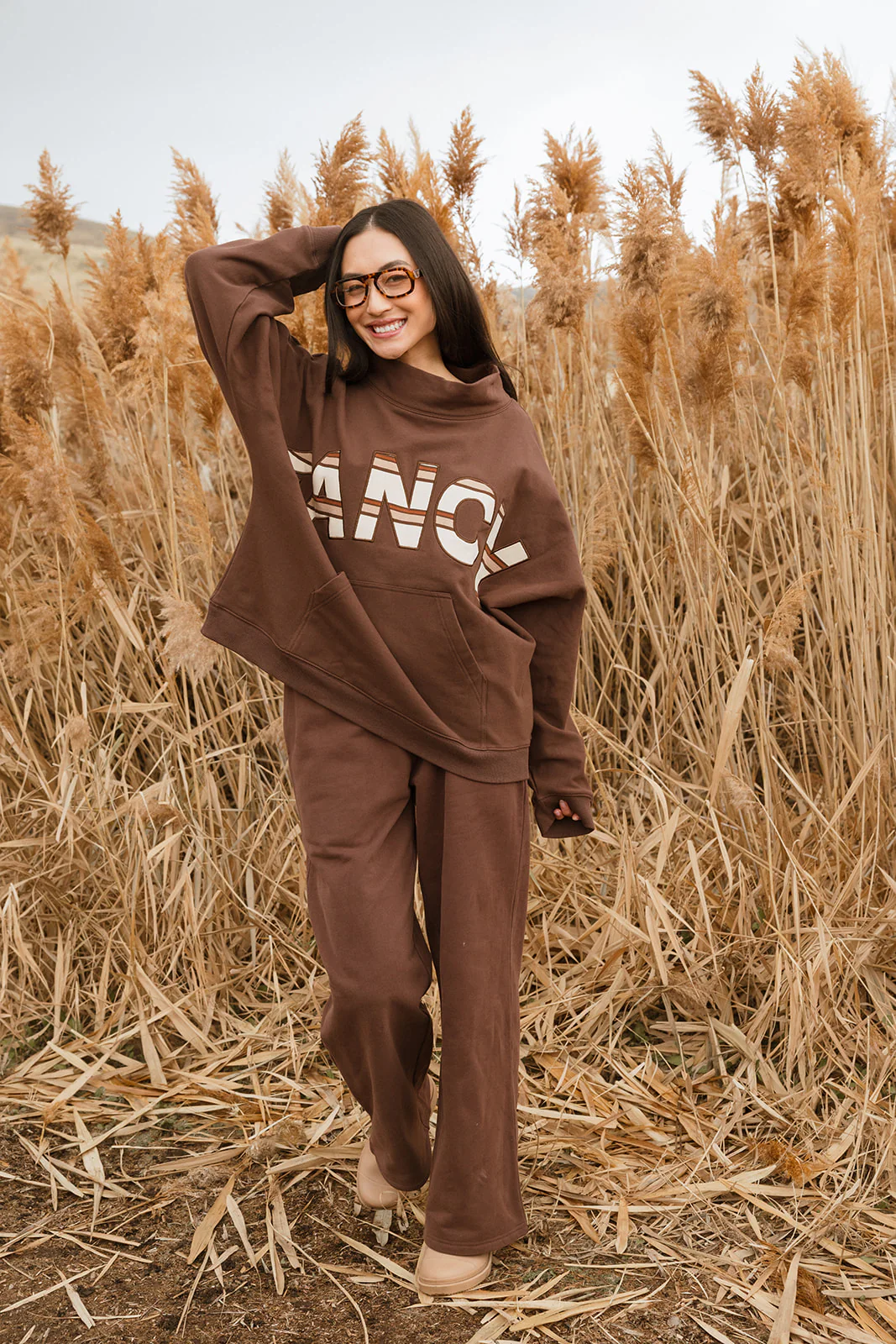 Fancy Oversized Fleece PocketCloud Striped Mockneck - Desert Sand Brown - Image 6
