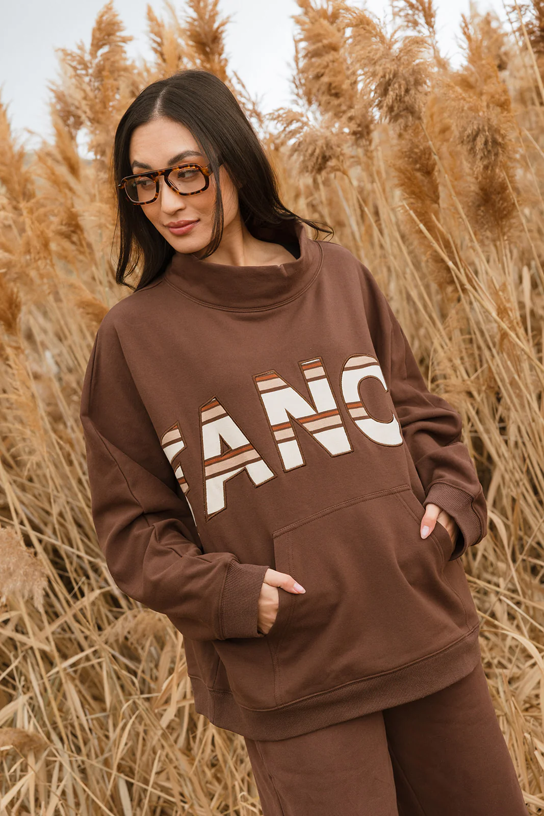 Fancy Oversized Fleece PocketCloud Striped Mockneck - Desert Sand Brown - Image 7