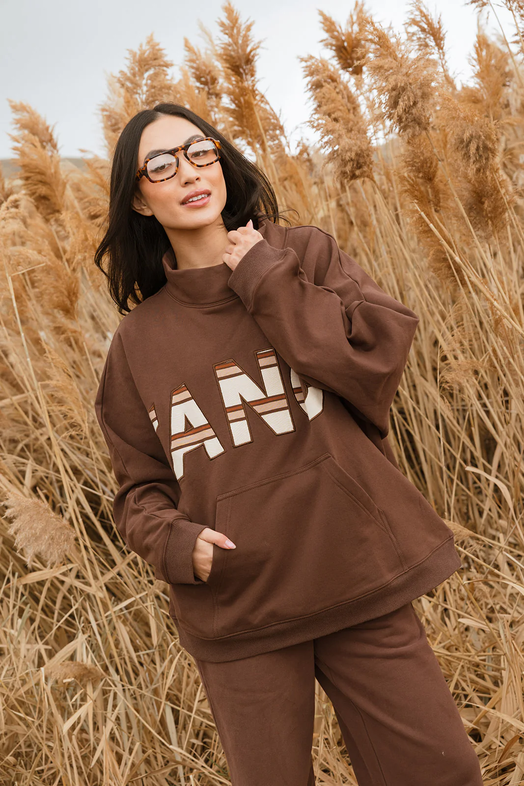 Fancy Oversized Fleece PocketCloud Striped Mockneck - Desert Sand Brown - Image 8