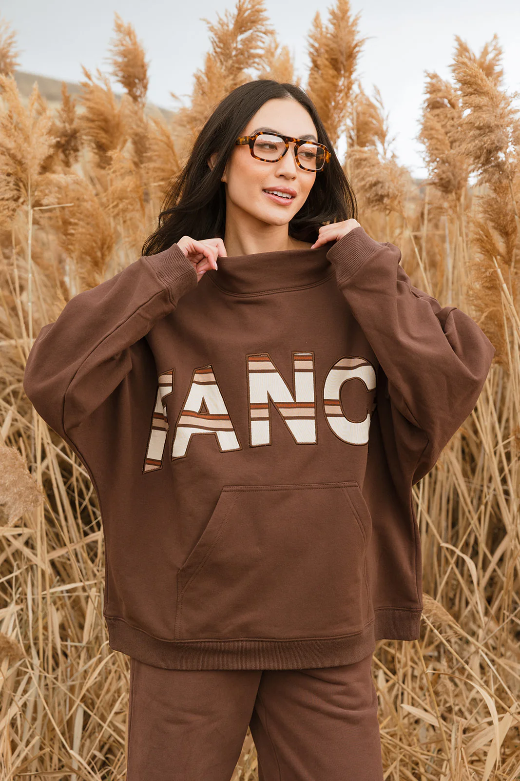 Fancy Oversized Fleece PocketCloud Striped Mockneck - Desert Sand Brown - Image 9