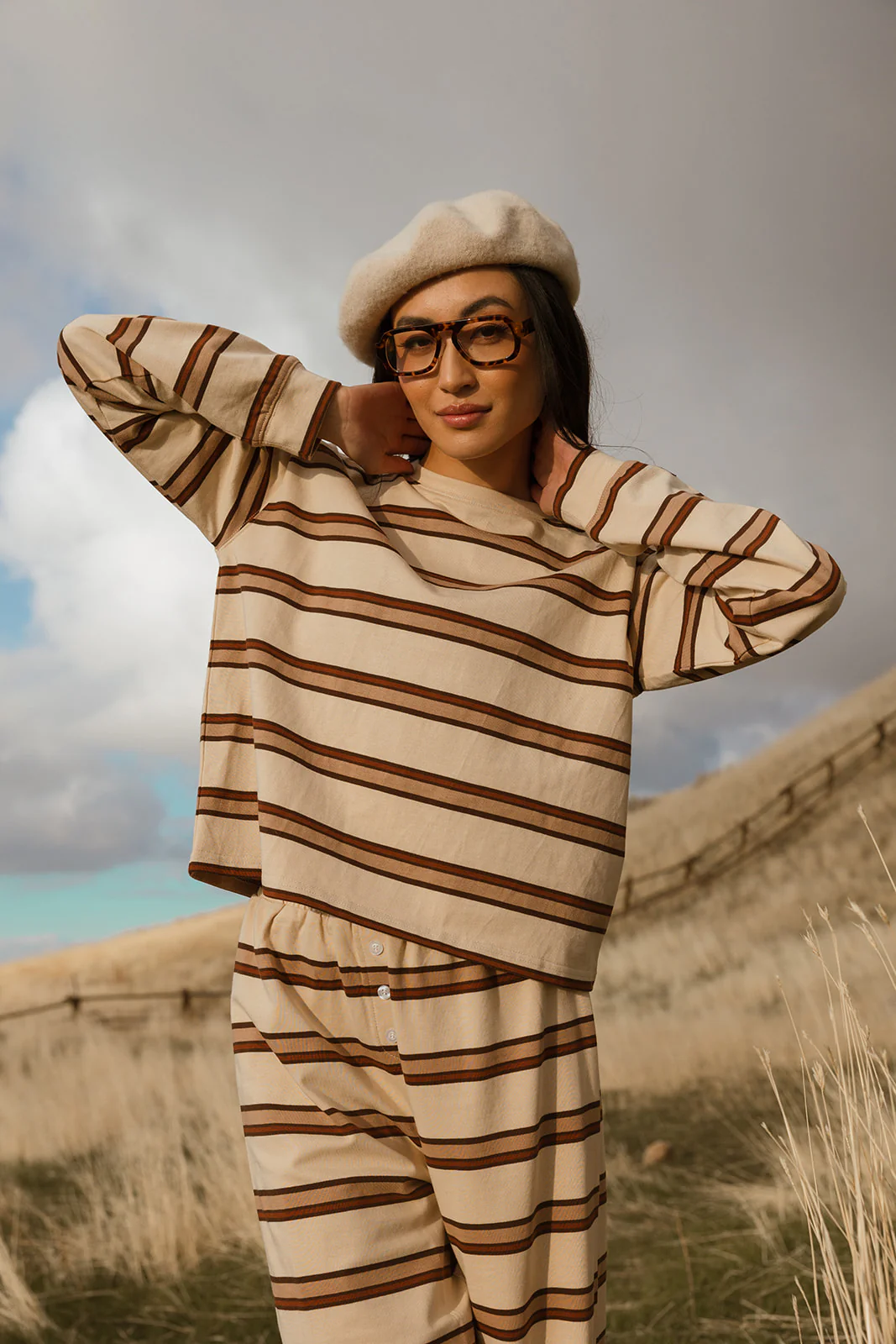 Fancy Striped Long Sleeve Top - Desert Sand Brown - Image 56