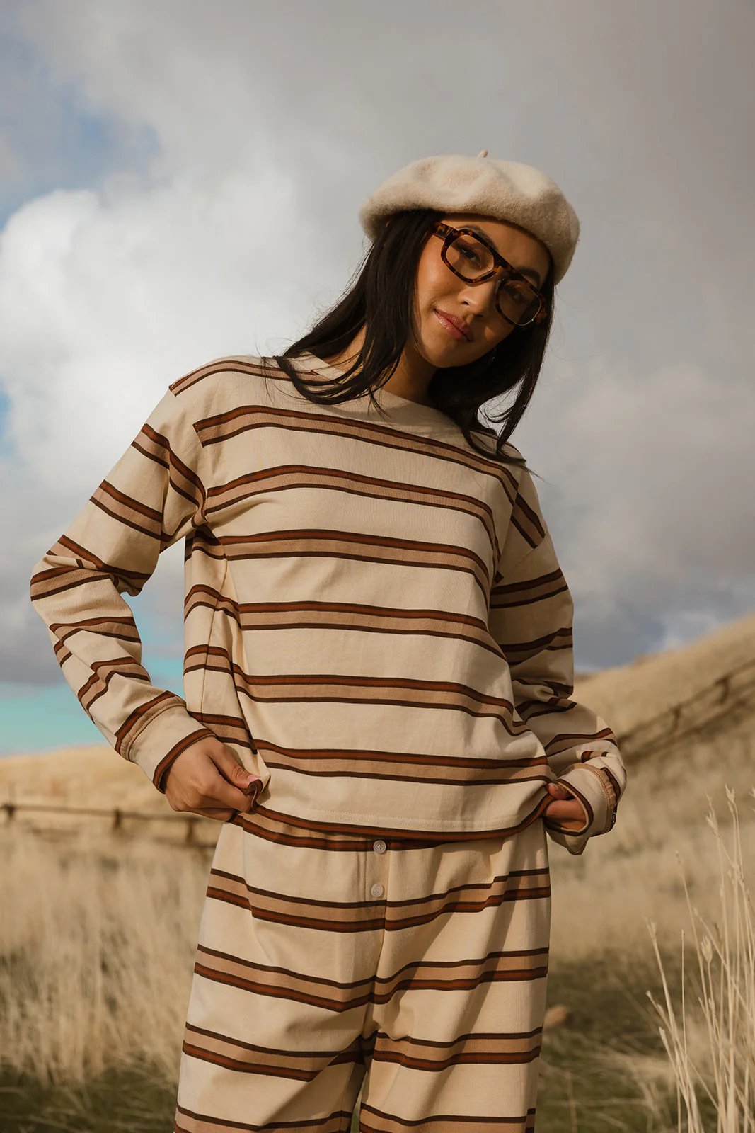 Fancy Striped Long Sleeve Top - Desert Sand Brown - Image 60