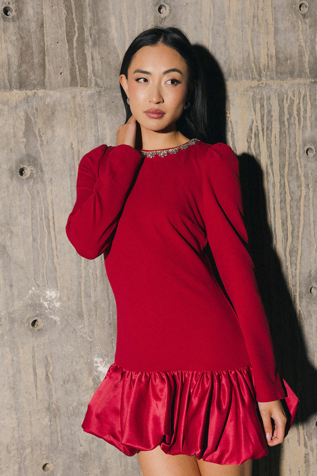 Jewel-Embellished Puff-Sleeve Bubble Mini Dress - Ruby - Image 26