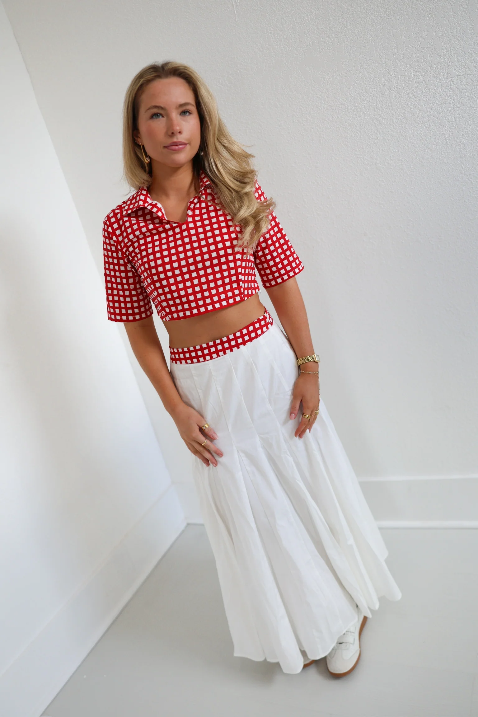 Josie Double Layer Pleated Maxi Skirt - White/Red - Image 3