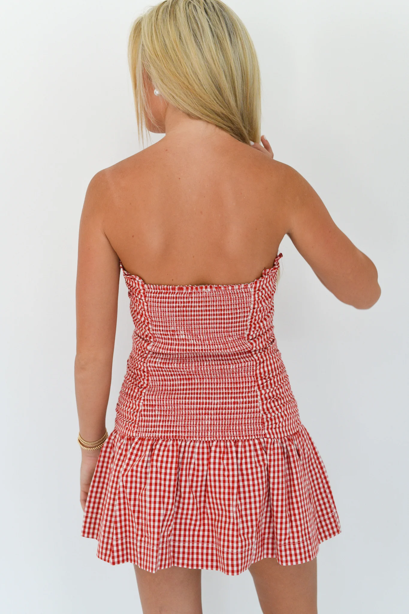 Kassie Checker Ruched Tube Mini Dress - Red Checker - Image 3