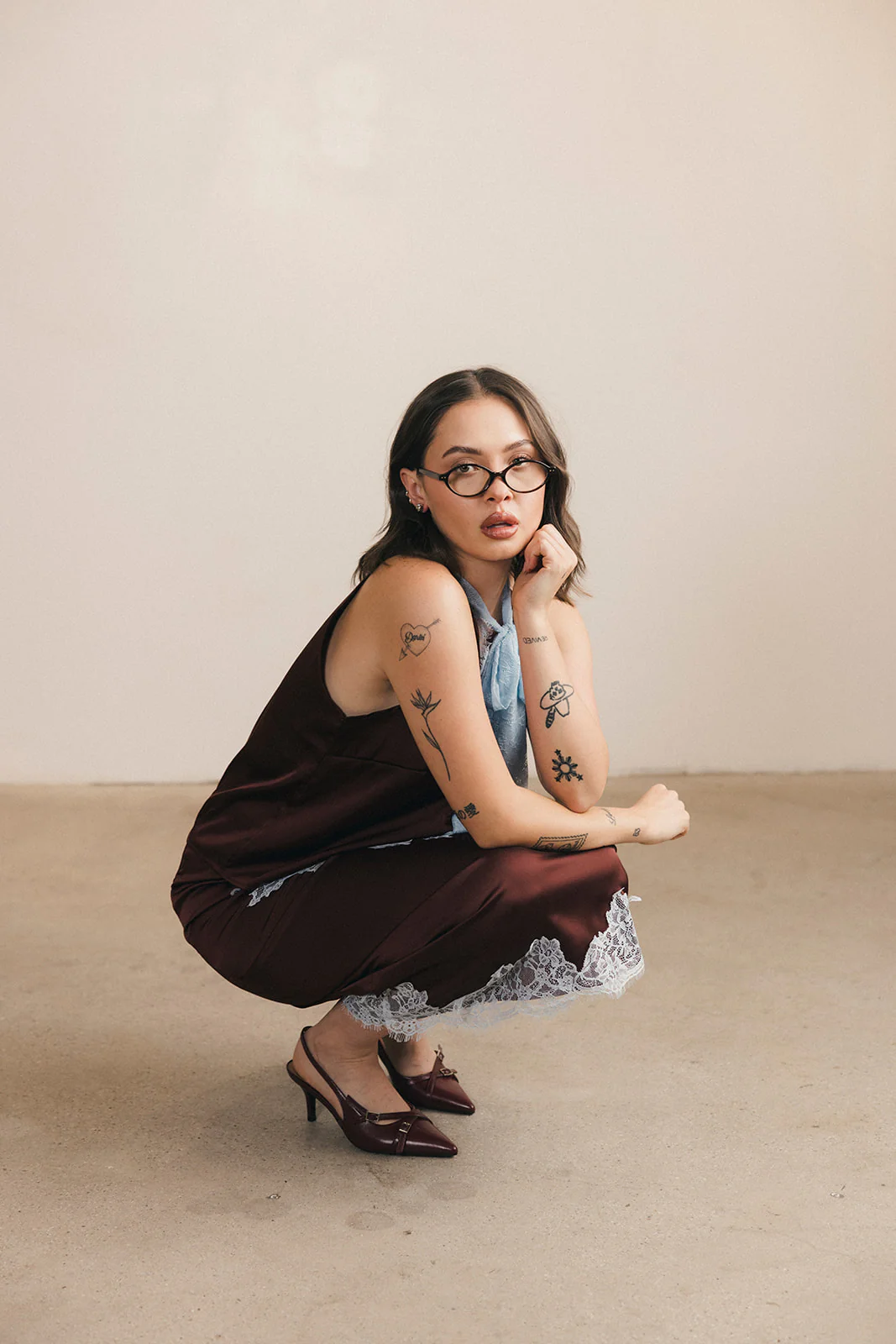 Lacey Lace Trim Tie Top And Skirt Set - Brown/Blue - Image 10